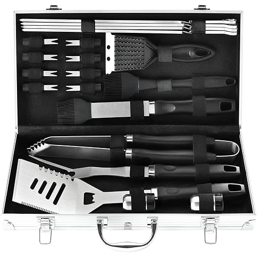 21PCS Complete BBQ Utensils Set with Aluminum Case - Enlarged Handle Stainless Steel Grill Tools Set for Outdoor Camping Barbecue - Ideal BBQ Gift on Father’s Day, Birthday, Christmas