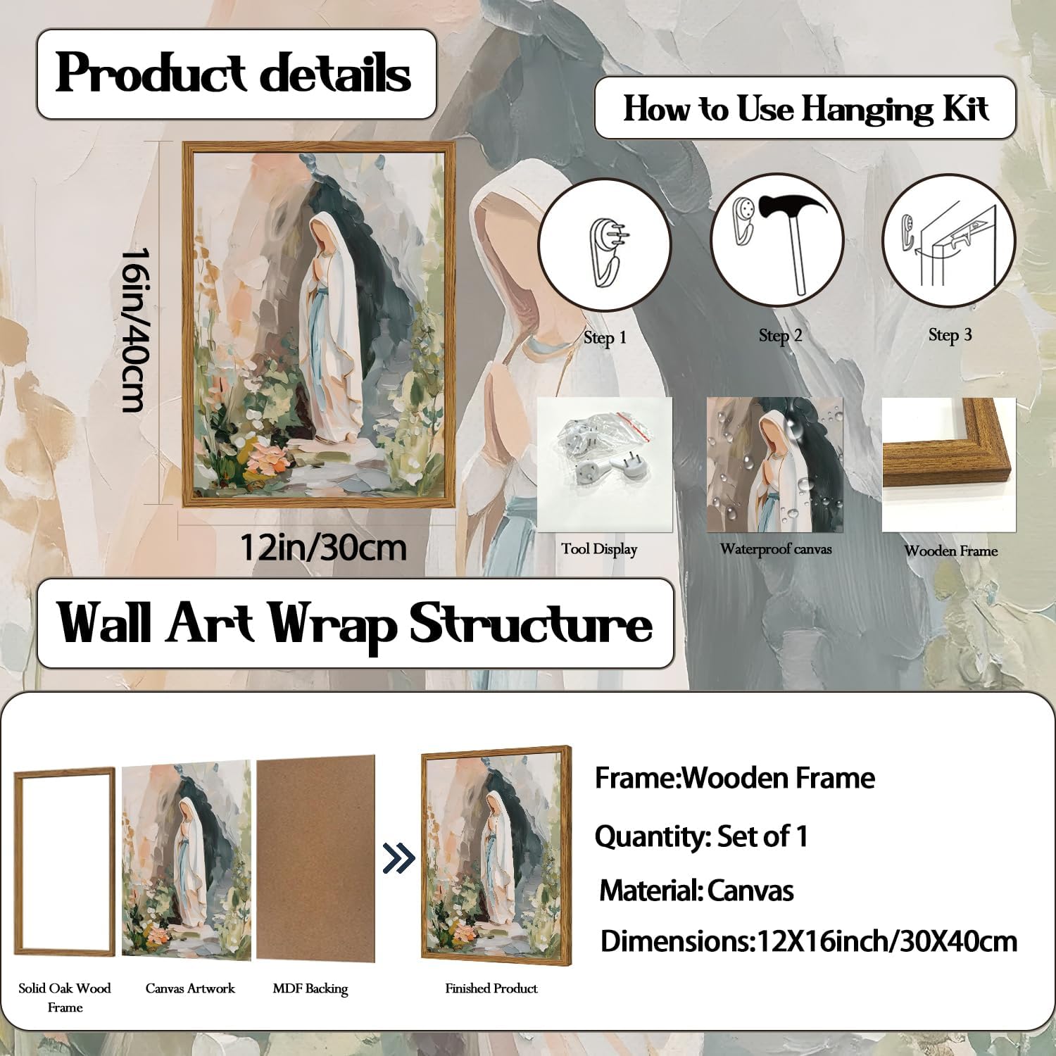 Framed Virgin Mary Wall Art, Catholic Our Lady Wall Decor Paintings, Christian Pictures Canvas Prints Artwork Religious Home Decor for Living Room Bedroom Prayer Room 12x16 inch