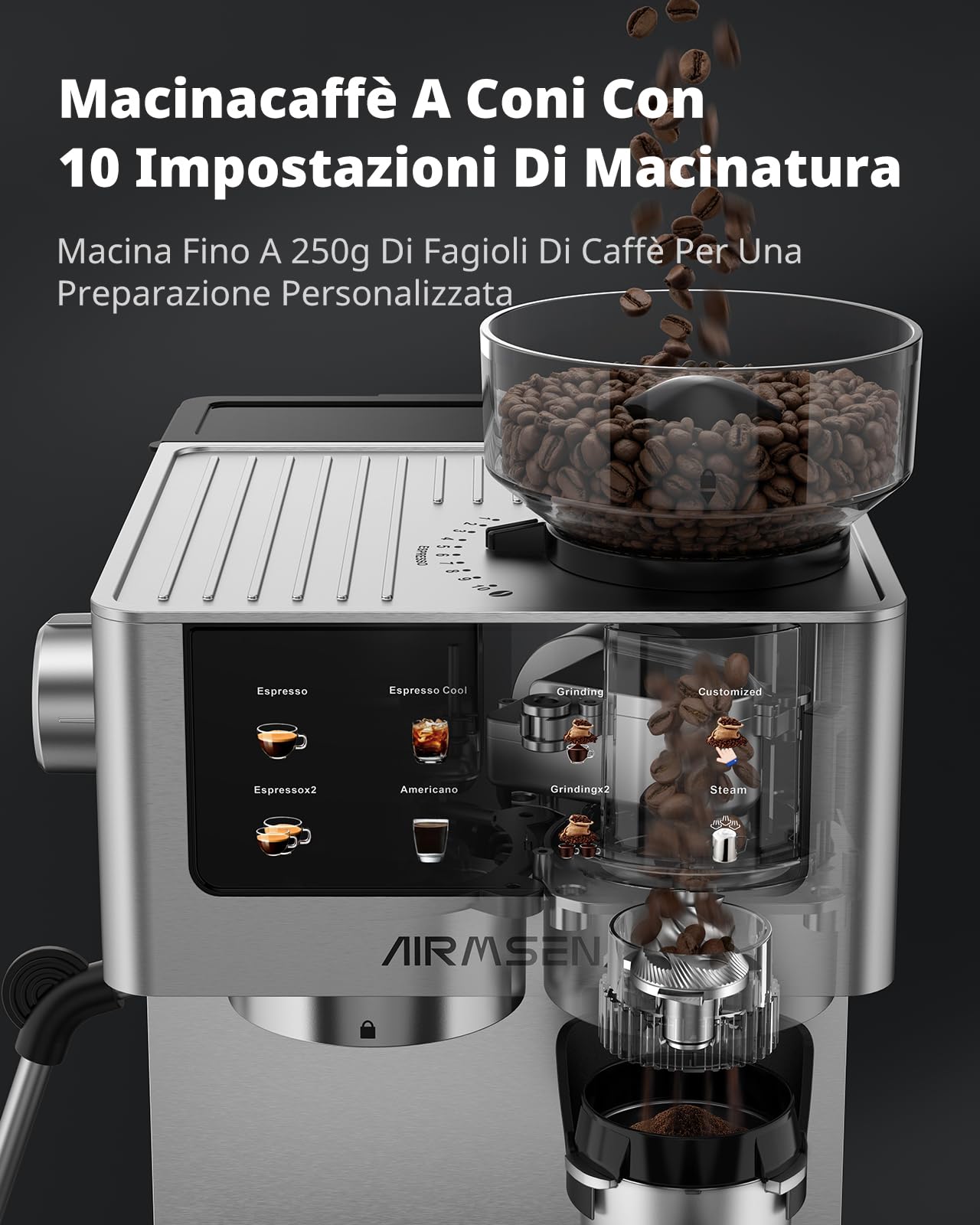 AIRMSEN Macchina per Caffè Espresso con Macinacaffè e Montalatte - Programmable, Compatibile con Caffe Freddo (Cold Brew) e Americano, Macchina da Caffè Domestica per Macinato​/Chicco intero