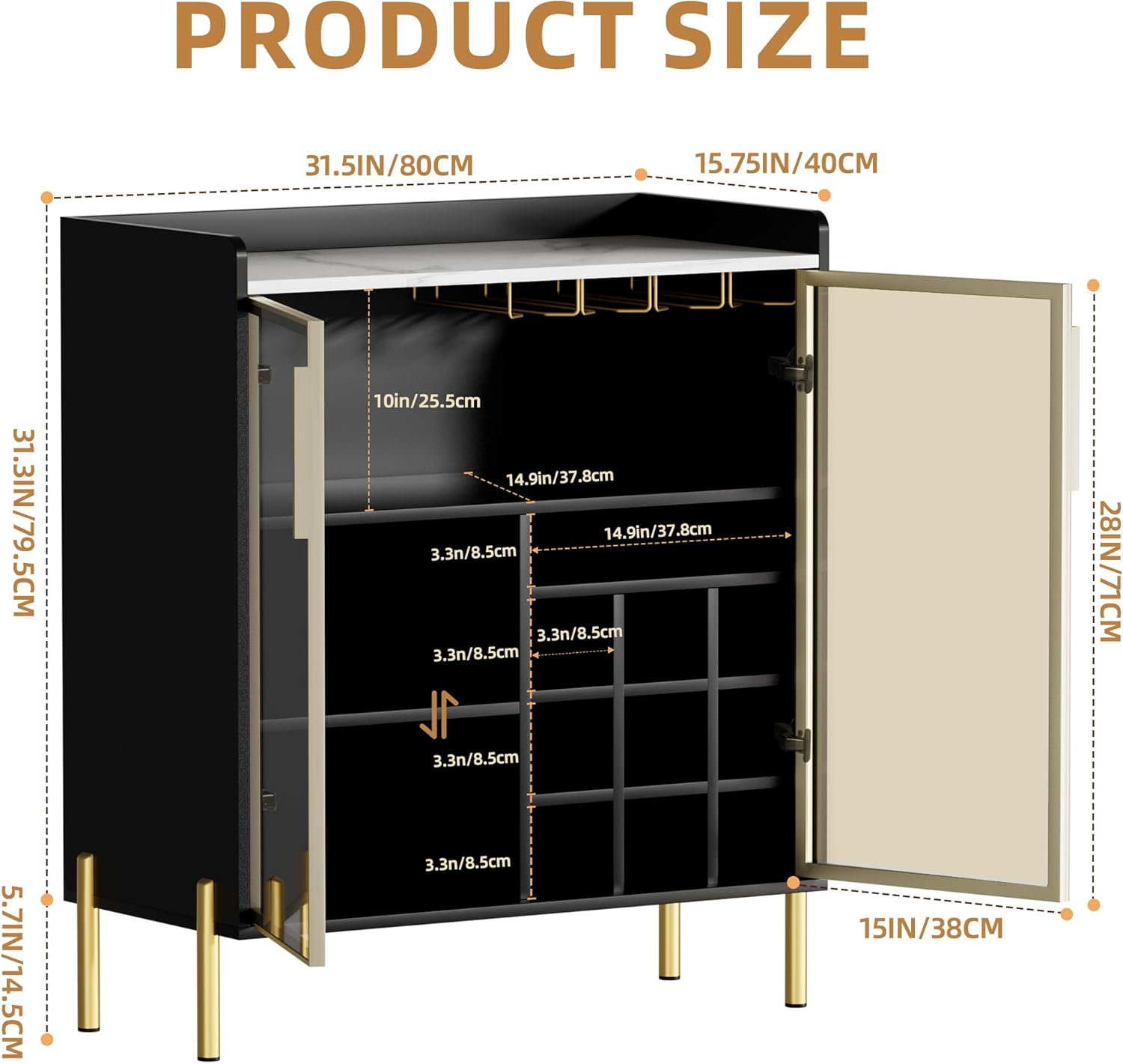 Coffee Bar Cabinet with Aluminum Frame Glass Door, Black Wine Bar & Liquor Cabinet, Modern White Sideboard Buffet Cabinet with Storage for Kitchen, Dining Room & Living Room