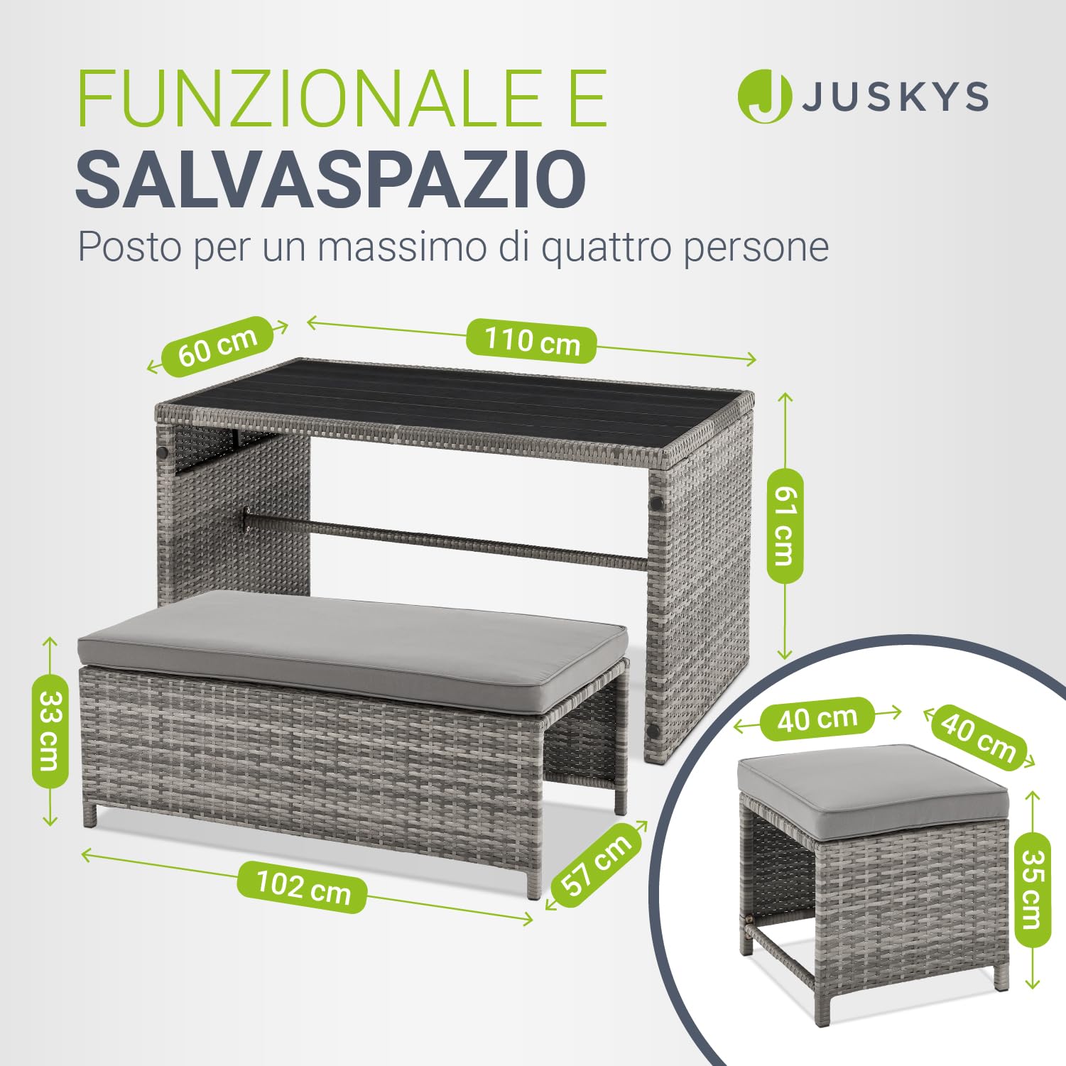Juskys 2in1 Set di mobili da giardino relax in polyrattan Jamaika - Tavolo, divano da giardino - Salottino per balcone, giardino - Lounge da esterno grigio