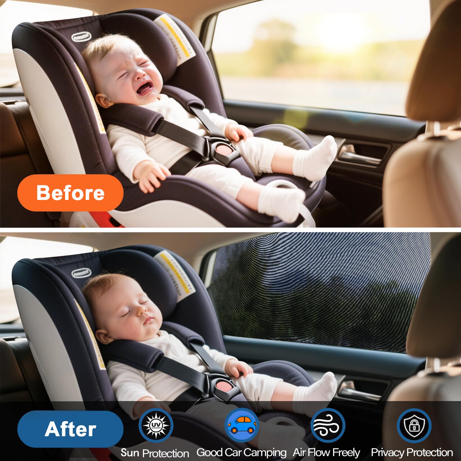 Car Rear Side Window Shades, Breathable Window Screens Sun Shades Covers for Camping,Fit for 96% of Cars, UV Protection, Anti-Sun Glare, Privacy Protection, 2 Pack - 4