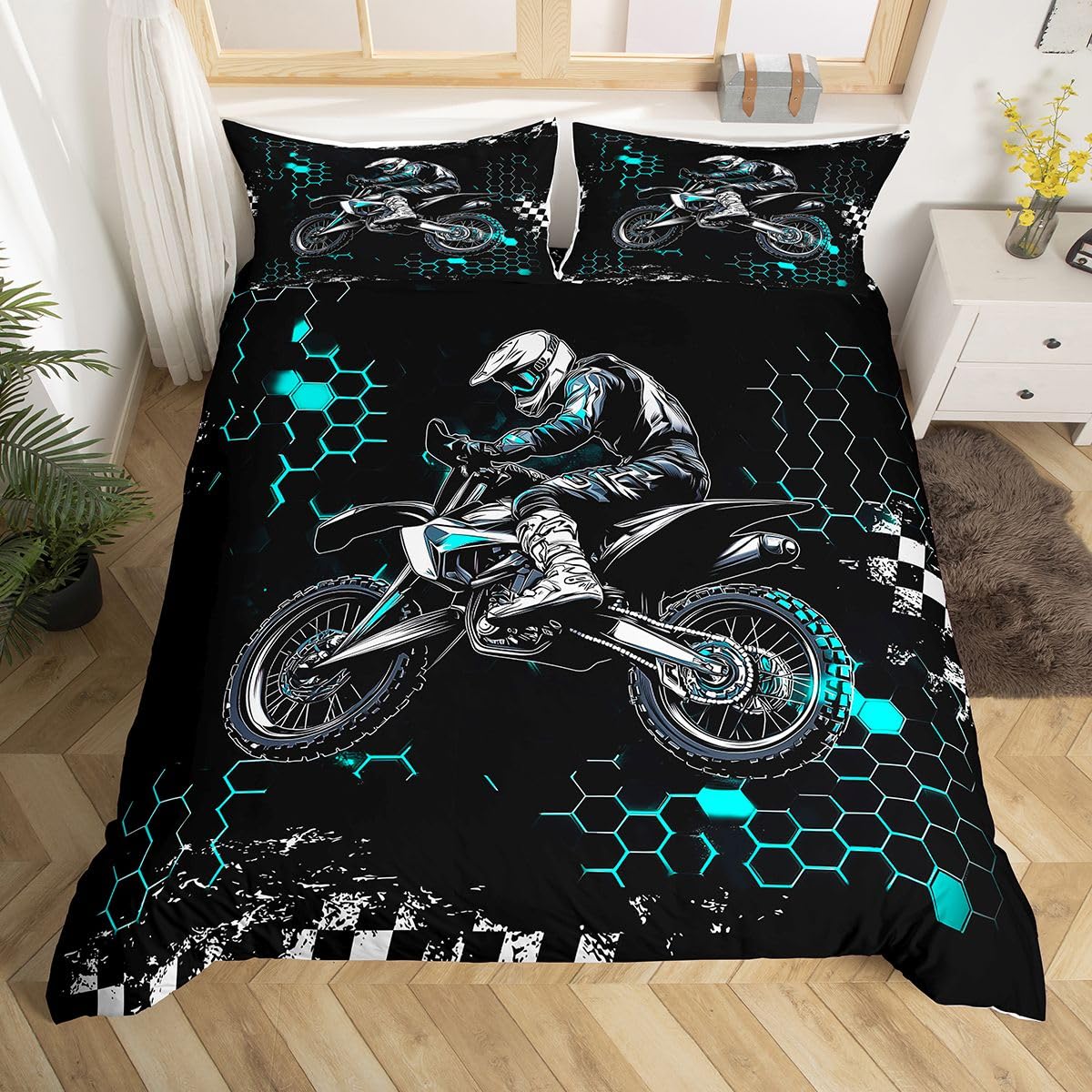 Housse de couette bleu sarcelle motif géométrique 2 personnes pour chambre moderne
