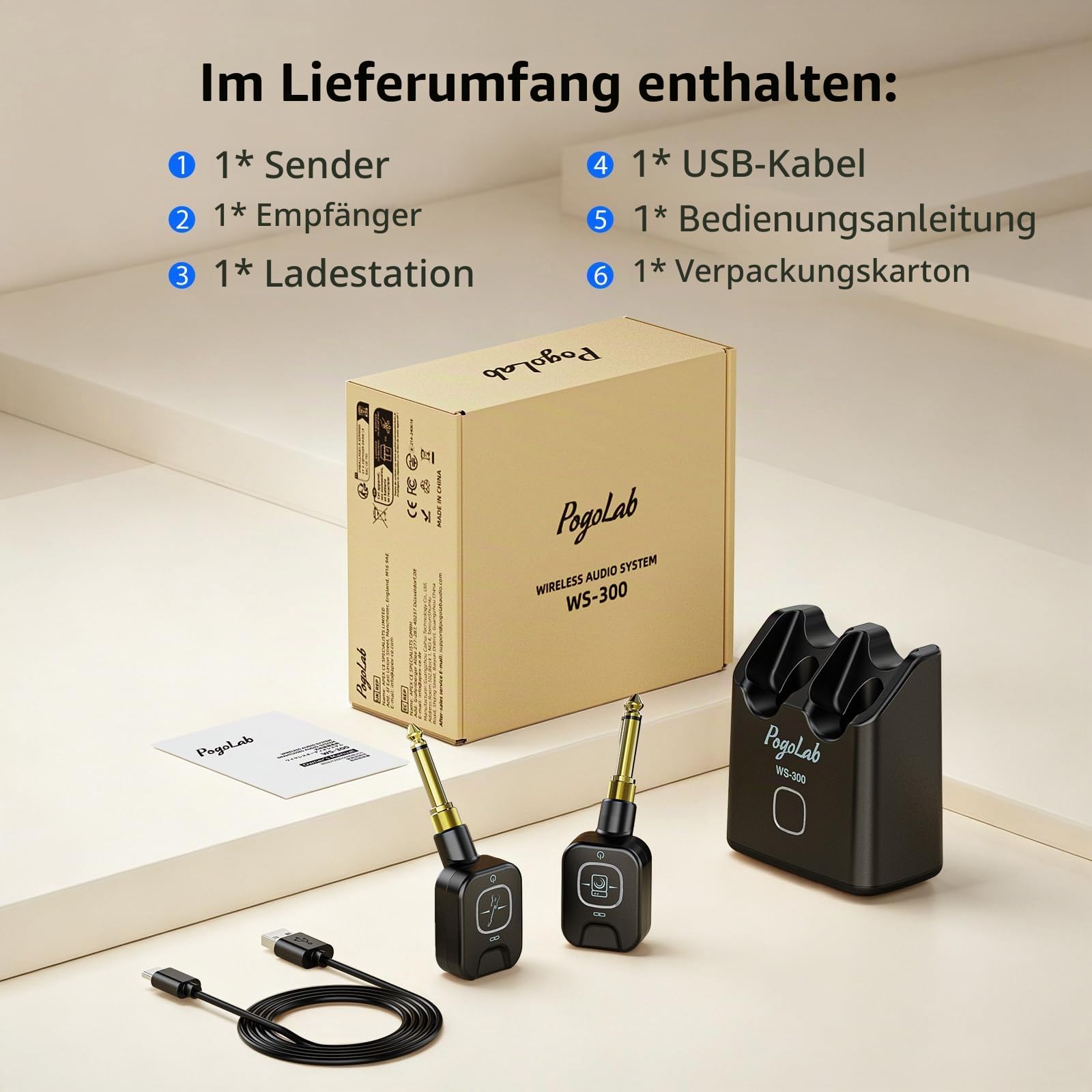 POLOLAB 5.8 GHz Kabelloses Gitarrensystem mit Ladebox Gitarren-Funksender-Empfänger, 6 Kanäle, 2-in-1 Dual-Stecker, 30m Reichweite, <4,6ms Latenz, für E-Gitarren Bass