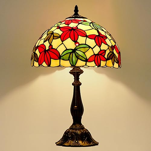 Miniatura 12 de Tiffany Style Stained Glass Table Lamp, Floral Pattern Desk Light with Antique Bronze Resin Base, Red Roses Decorative Lighting for Bedroom, Living