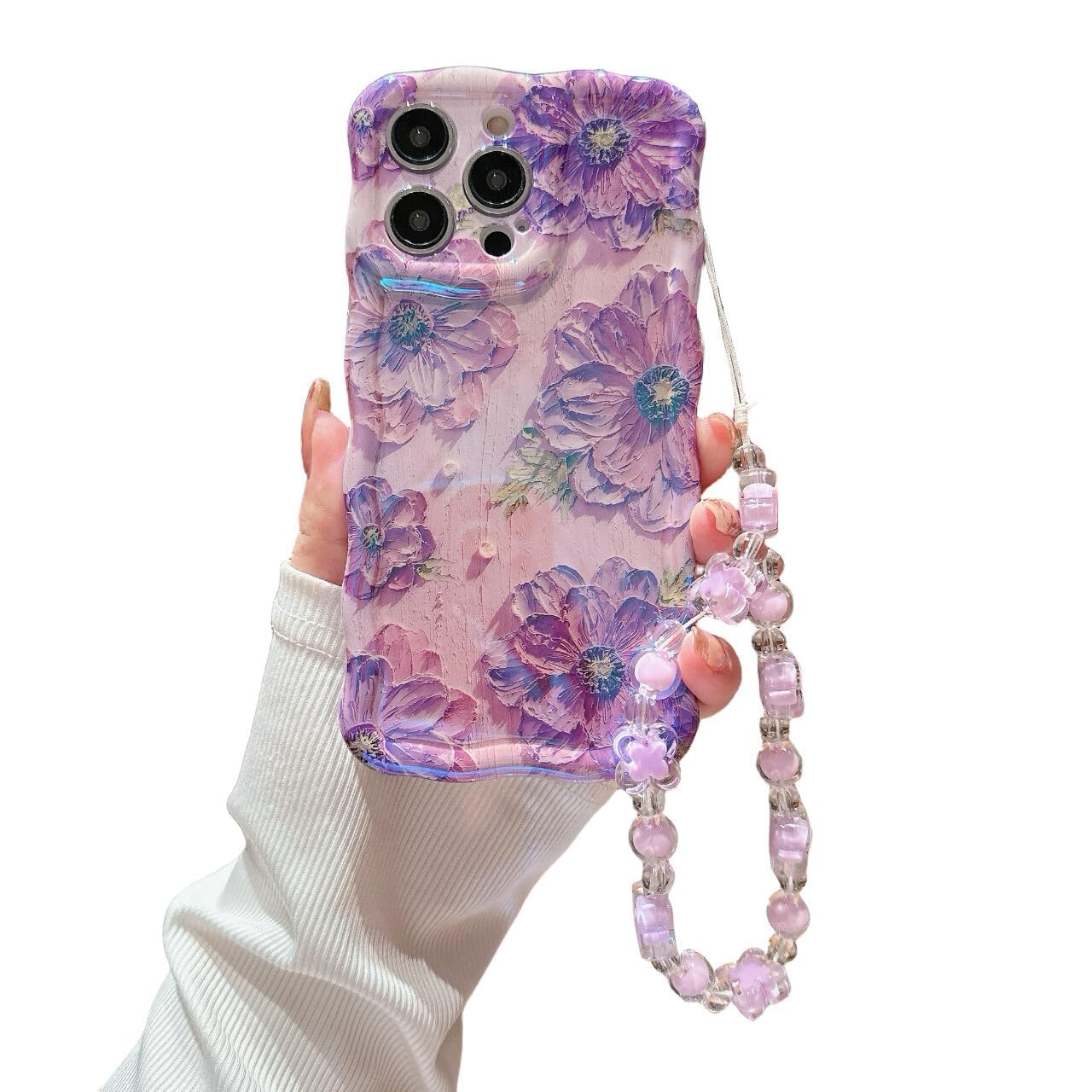 Pretaco for iPhone 16 Pro Wavy Case, [Curly Protection Frame][Vintage Glossy Oil Painting Floral Print] with Lovely Bead Chain for Grils and Women (
