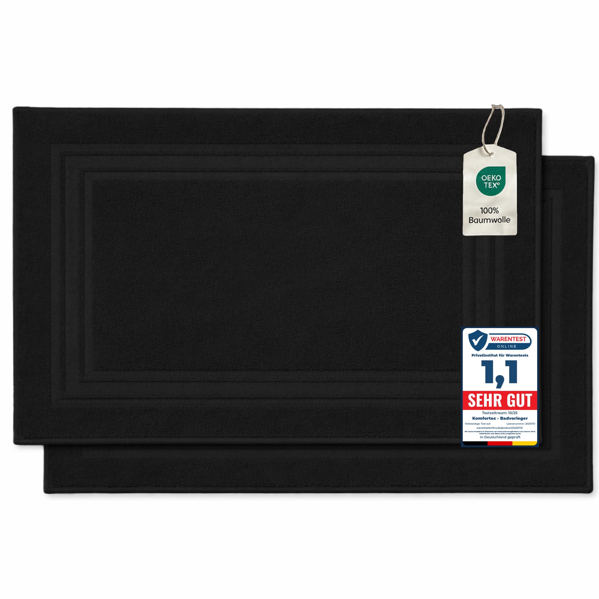 Komfortec Bath Mat Set, 2 Pieces, Terry Cloth Shower Mat, Washable Shower Mat & Bath Mat, 600 g/m² & 100% Cotton, Absorbent & Quick Drying, 50 x 70 cm, Black — image 1