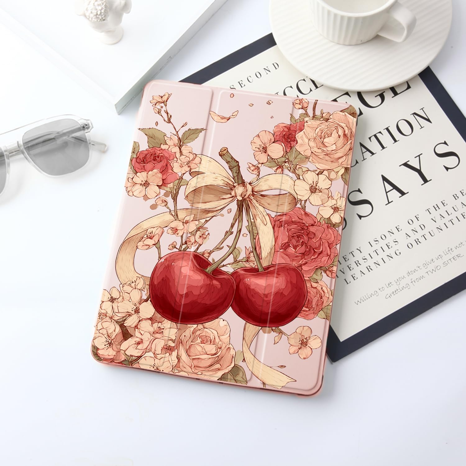 JOYLAND Cherry Case for iPad A16 11th Generation Case 11 Inch 2025/iPad 10th Gen 2022 10.9 inch with Pencil Holder,Trifold Stand Protective Cover with Soft TPU Back,Pink