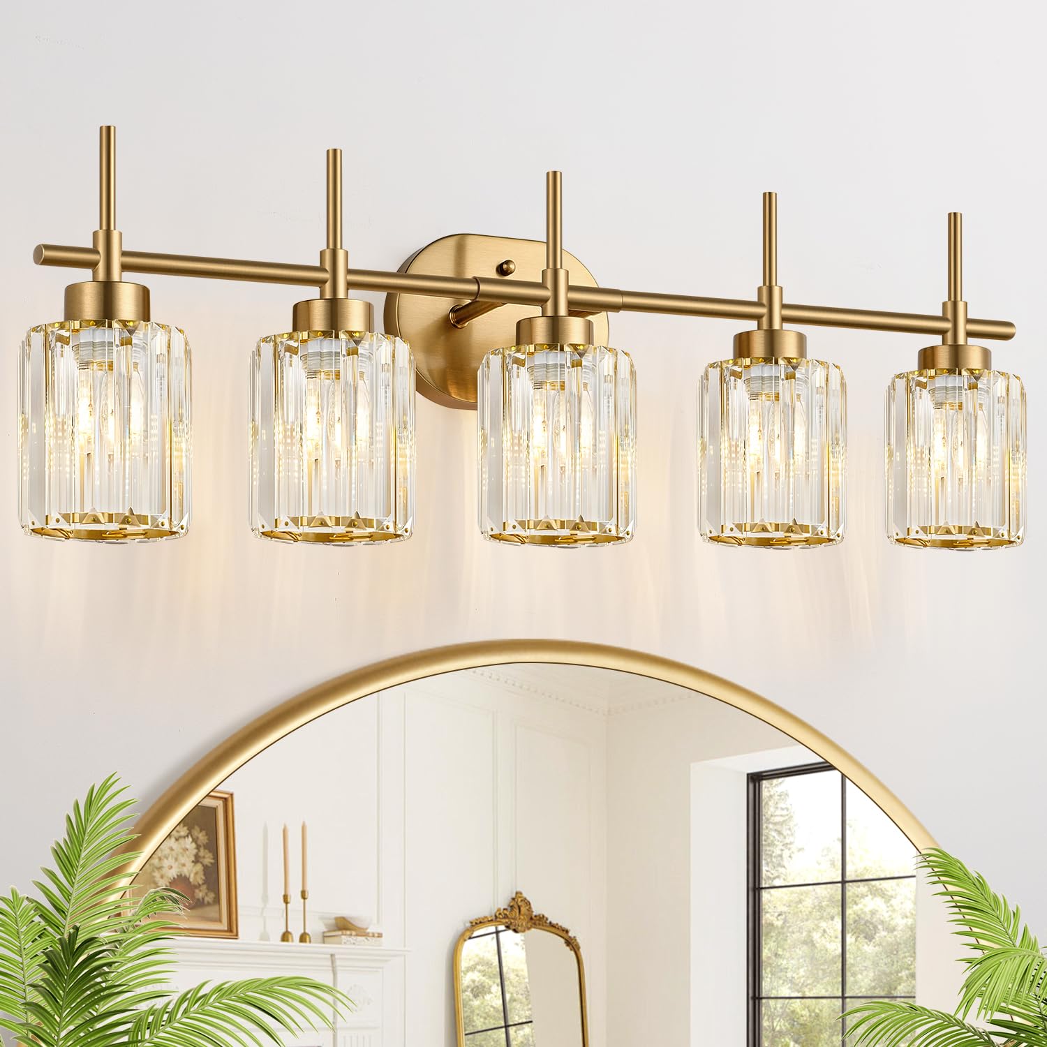Meybiok Modern Bathroom Vanity Light 5-Light Brushed Gold Vanity Lights for Bathroom with Clear Crysta Shade