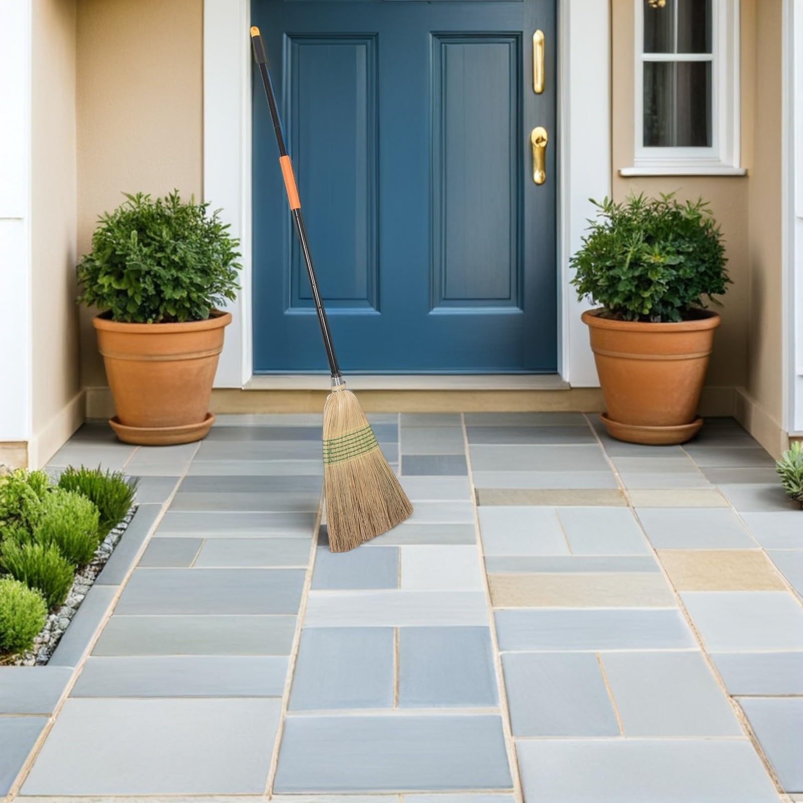 jojofuny Langer Stiel Hochsorghum Besen mit Eisenstiel für Garten und Auffahrten Robuster Terrassenbesen mit Breiter Kehrfläche für Außenreinigung