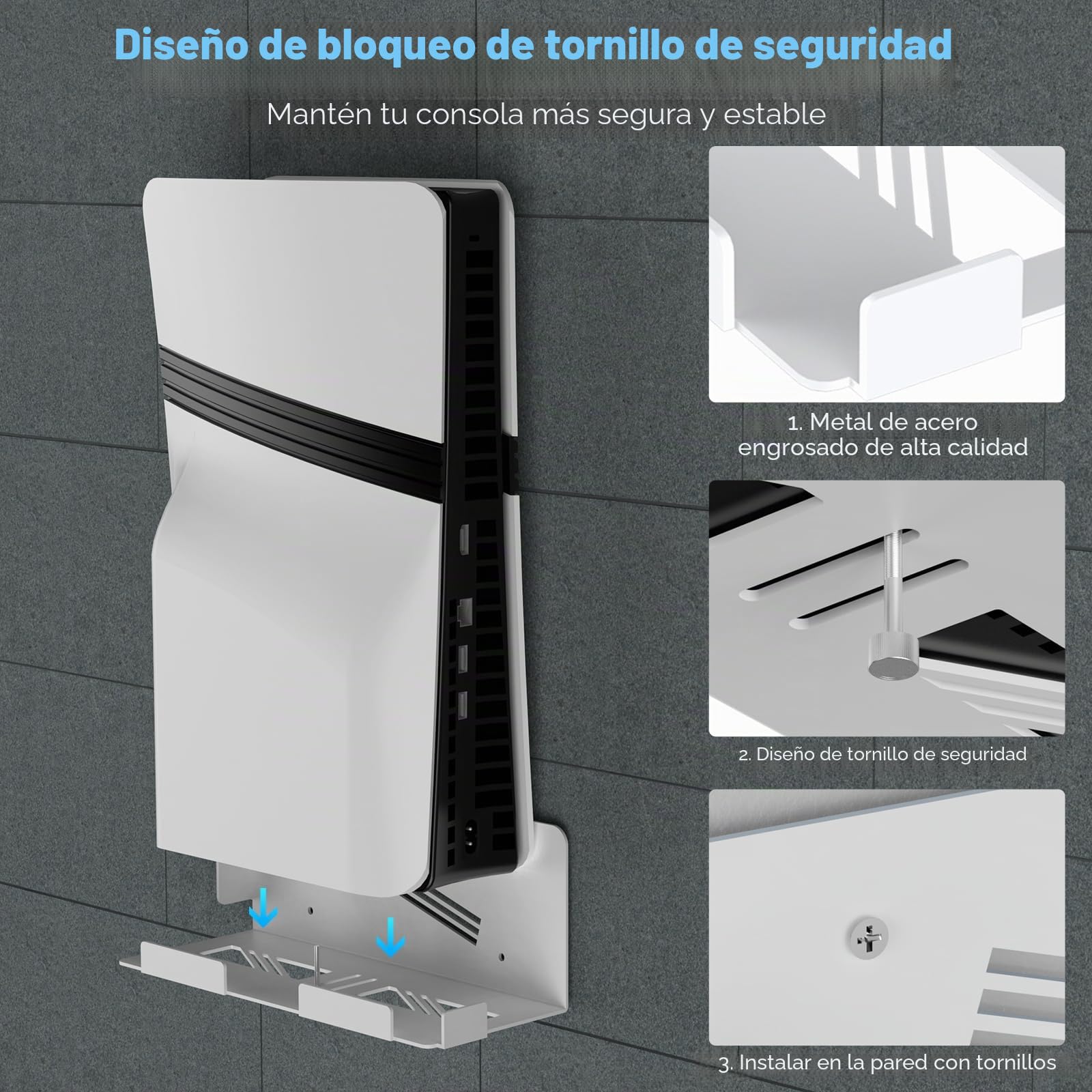 Soporte de Pared PS5/PS5 Slim/PS5 Pro, Soporte de Pared para PS5/PS5 Slim/PS5 Pro Consola (Disco y Edición Digital) Acero Juego de Soporte de Pared para PlayStation 5/ PS5 Slim/PS5 Pro