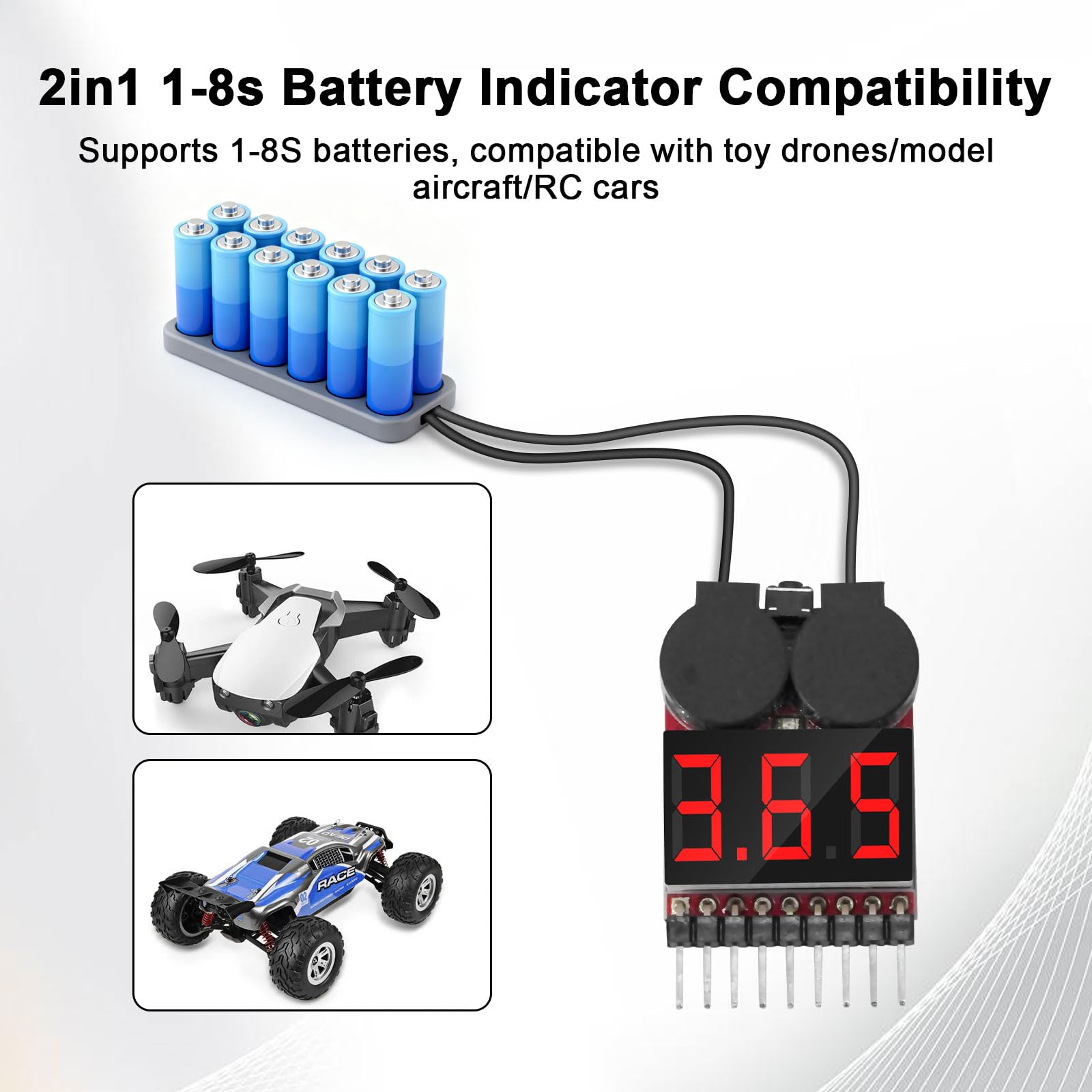 RUIZHI 1-8S Lipo Testeur Batterie Moniteur, Alarme de Basse Tension de Batterie au Lithium, Indicateur de Niveau Testeur de Batterie avec Indicateur LED pour Lipo/Life/LiMn/Batterie Li-ion(6 Pièces)