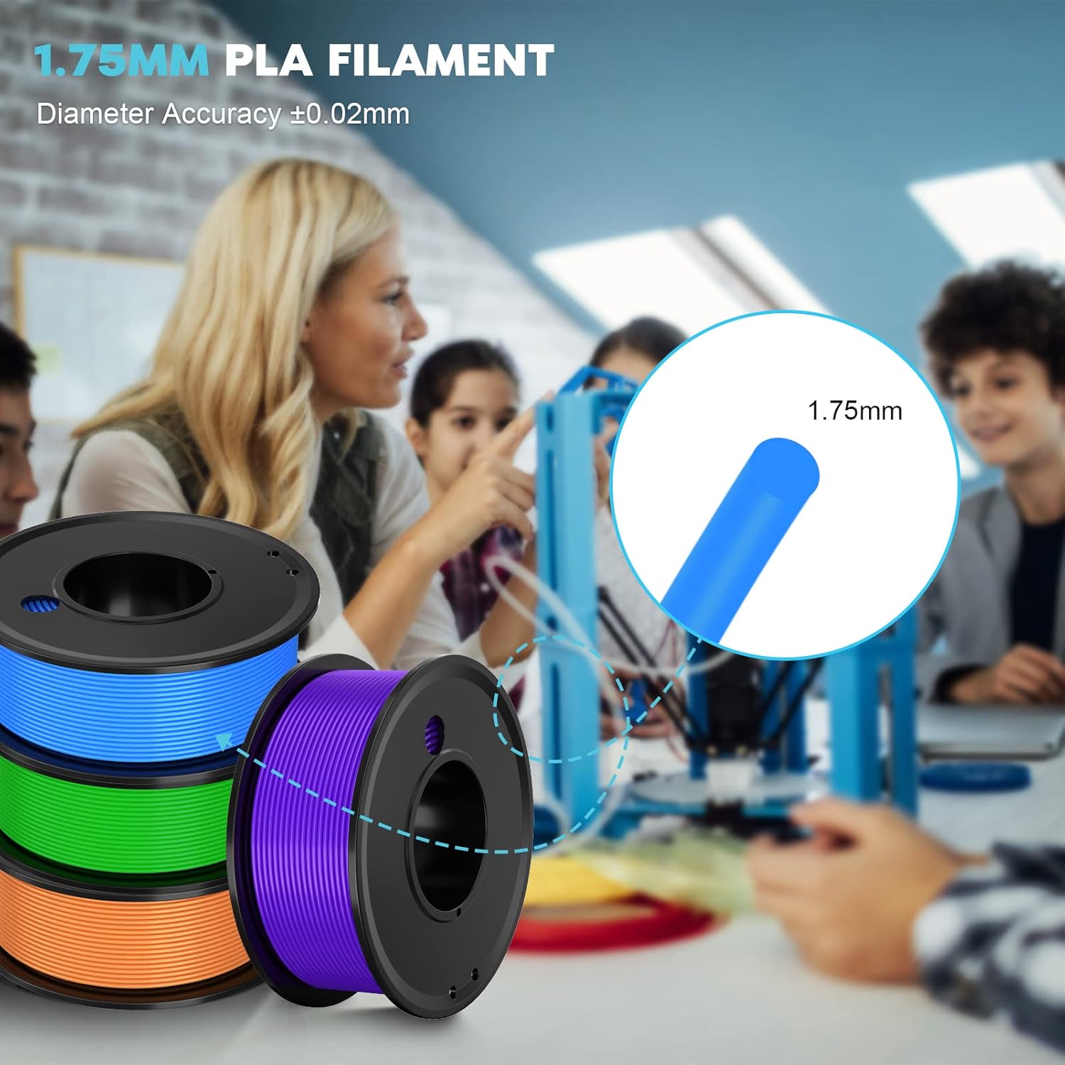3D Printer Filament PLA 1.75mm 3-D Printing Materials 5 Colors Bundle Print Filimate 1.75 mm Orange Green Blue Yellow Purple Filiment1.75 Accuracy ±0.02mm Fillament Spool Vacuum Pack 250G X 5