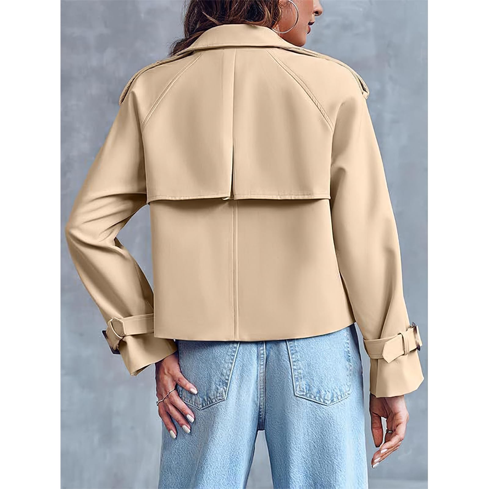 Momuk Gabardina Recortada para Mujer Manga Larga Casual Solapa Suelta Doble Botonadura Chaqueta Corta Outwear con Bolsillos
