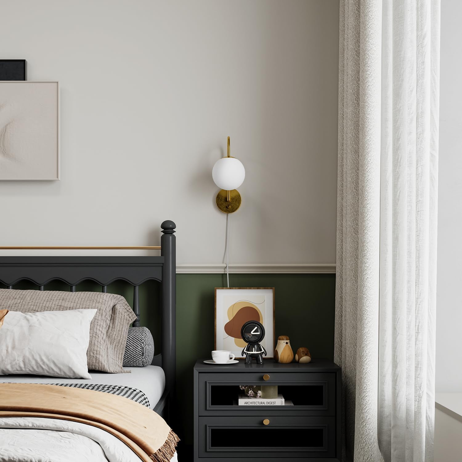 Plug in Wall Sconces Decor Set of Two, Modern Gold Globe Wall Lamp, Stepless Dimmable Gooseneck Wall Light for Living Room Bedroom Hallway, Milky White Glass Shade, 2-Pack E12 Bulb, Optional Hardwired