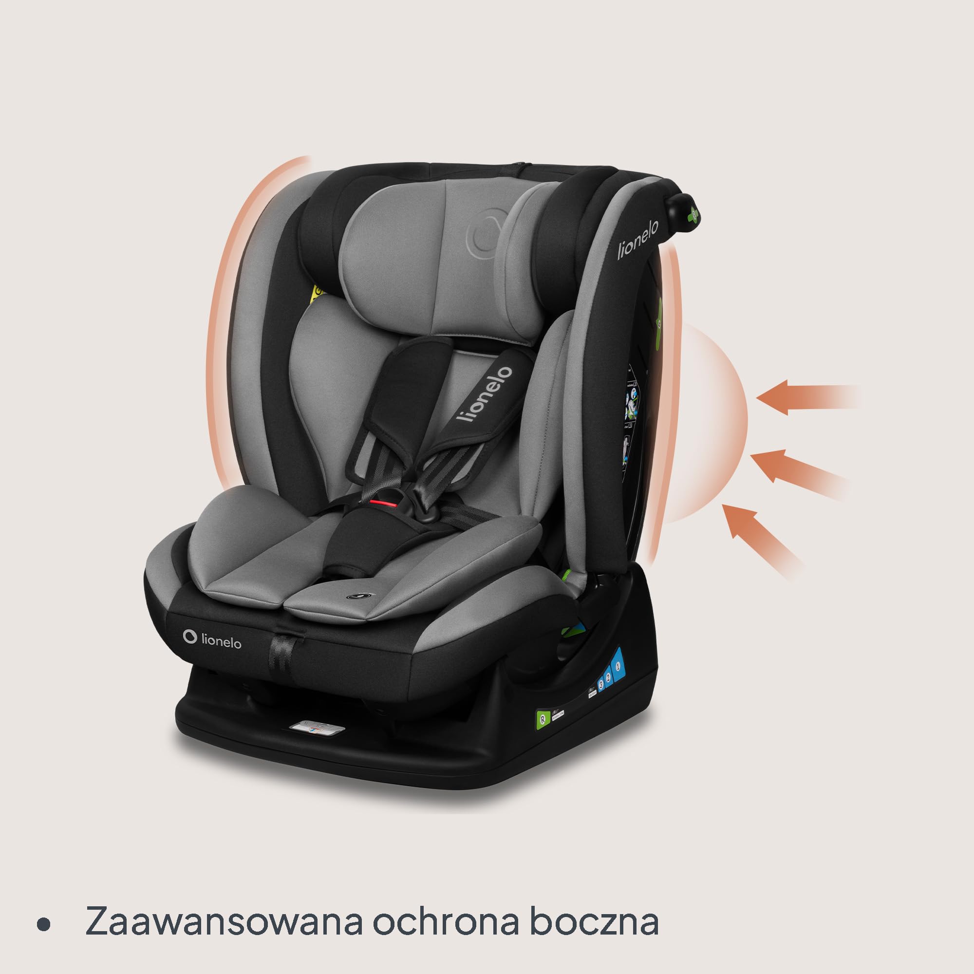 LIONELO AART I-SIZE Dziecięcy Fotelik Samochodowy 40-150 cm, Montaż Pasami Bezpieczeństwa, Regulacja Zagłówka i Pochylenia, Wkładka Lędźwiowa i Redukcyjna, Norma R129 i-Size (Szary)