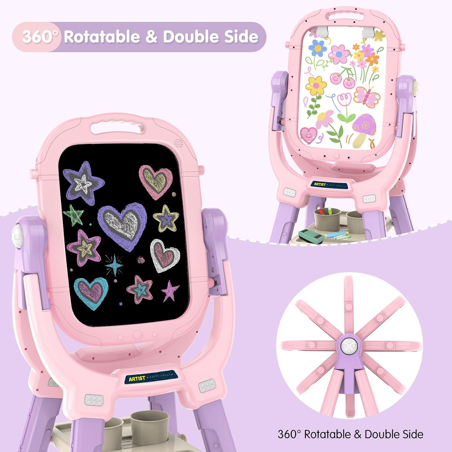 Victostar Easel for Kids, Rotatable Double Sided Adjustable Standing Art Easel with 2 Step Stool for Kids