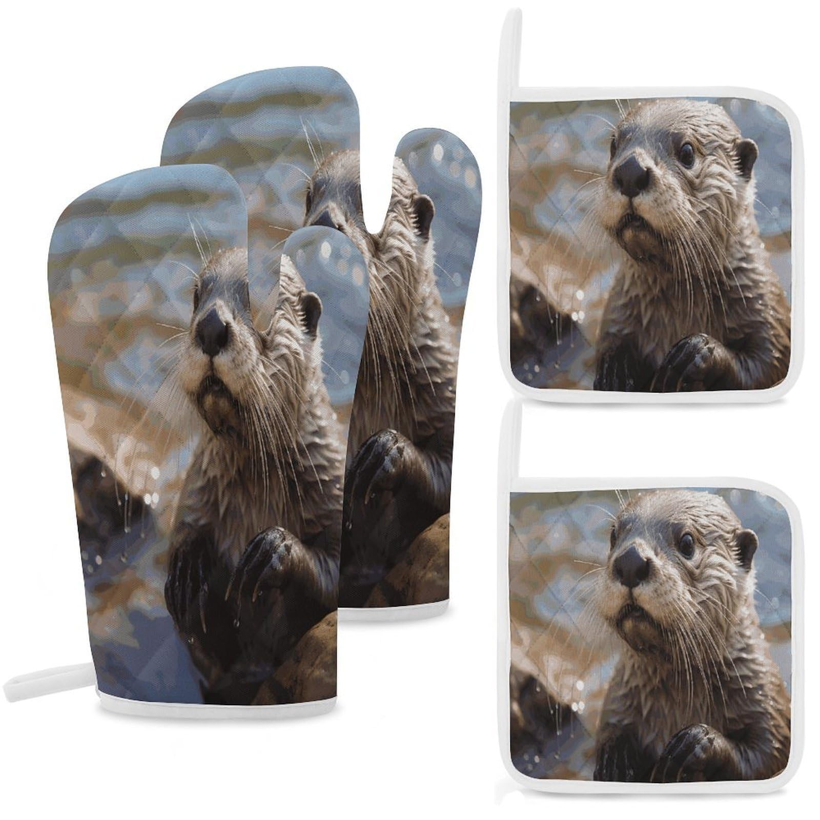 Fekiloot Style Otter Playing In The Water Oven Mitts And Pot Holders 4-Piece Set, Kitchen Oven Glove With Hanging Loop, Bbq Gloves For Cooking Baking Grilling
