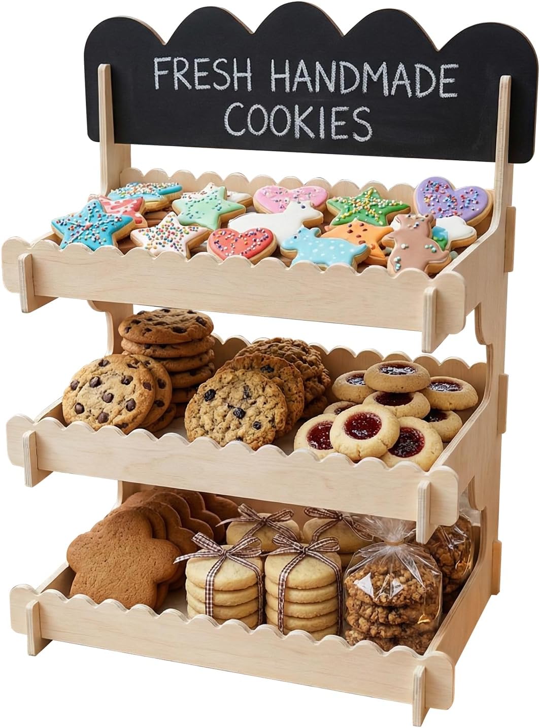 Cookie Display Stand - Wooden Tiered Display Stand with Chalkboard Sign for Vendor Events, Craft Fairs, Bakery & Market - Baked Goods Display for Cookies, Cupcakes, Muffins & Pastries, Easy No-Tool Assembly