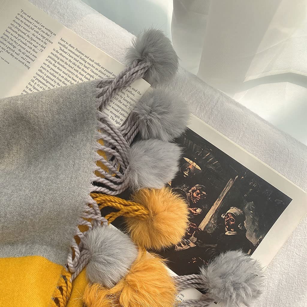 Szalik Zimowy Winter Lady Imitacja Kaszmirowy Szalik Królik Futro Pom Pom Pomien Ciepły Szal Wrap Kobiety Dwustronne Łączenie Długie Szaliki Tassel Szalik Szal(Grey)