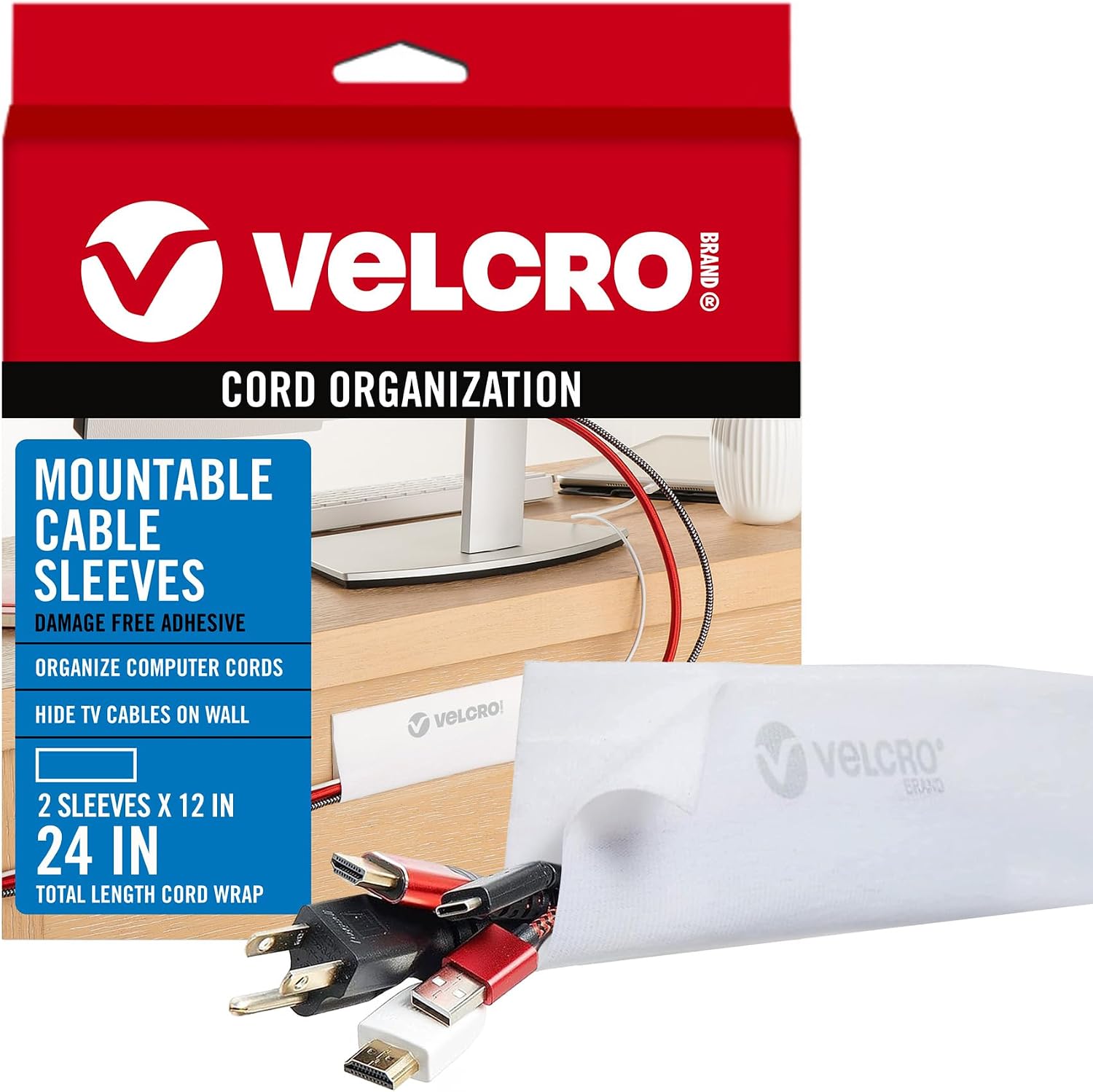 VELCRO Brand Mountable Cable Sleeve, White, 12 in, 2 Pack | Organize And Route Cords On Walls, Desks And Entertainment Centers; Removable Adhesive Mounts Damage Free