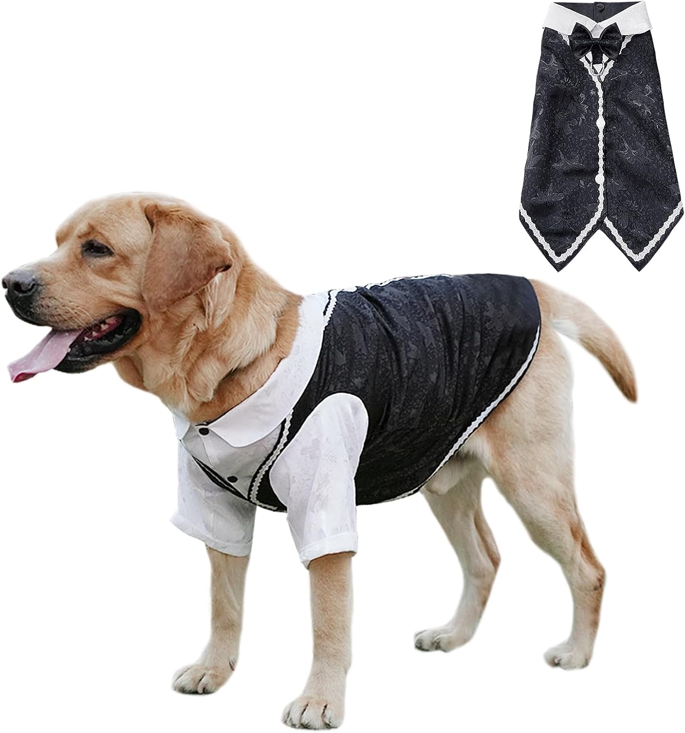 Dog Tuxedo Suit, Formal Dog Shirt Costume Wedding Attire with Black Bow Tie, Pet Outfit for Small Dogs Cats (Black, XX-Large(27-41lb))