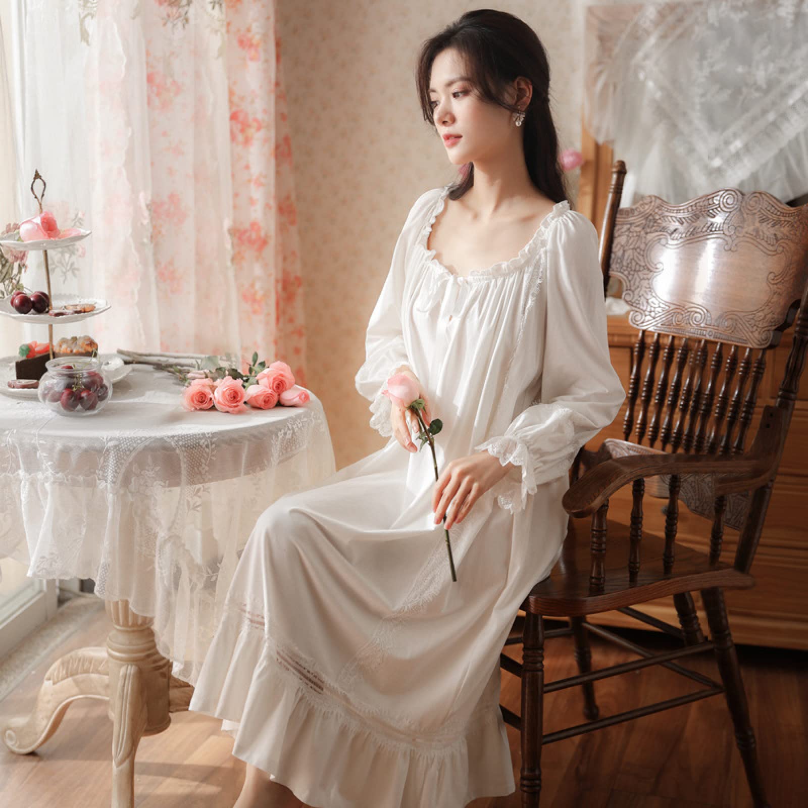OFFSUM Camicia da Notte Donna - Primavera Girocollo Cotone Elegante Camicia da Notte retrò Palace Stile Camicia da Notte Principessa Casual Tinta Unita Nightwear Vestito