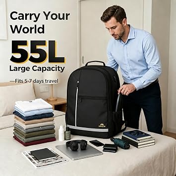 MATEIN 55L Extra Large Backpack for Men, Laptop Rucksack for Men Work | Large Rucksack with TSA Laptop Compartment, Lockable Zipper, Waterproof, Reflective, Fit for College, Office, Travel, Black