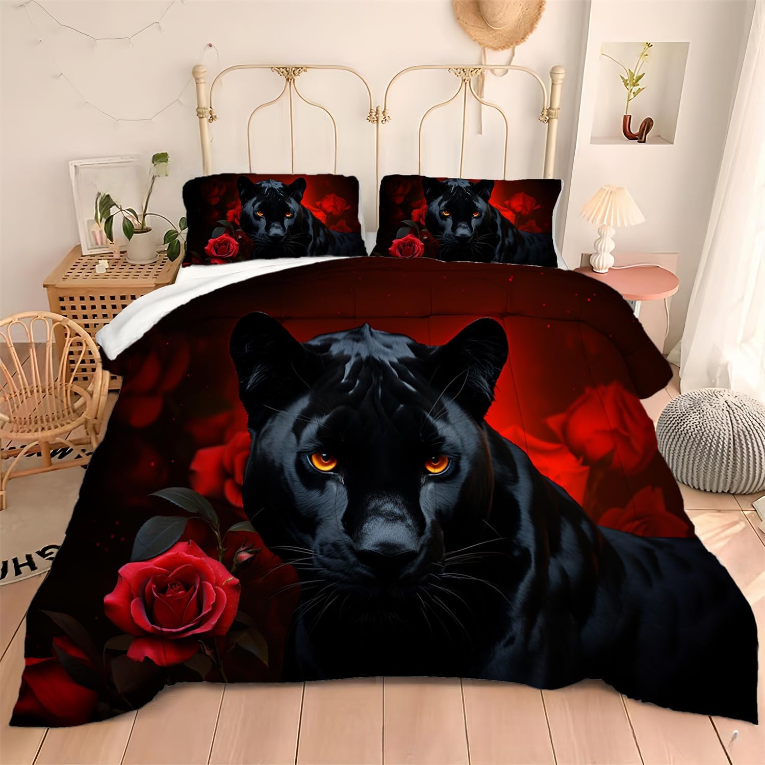 Black Panther Pattern Comforter Set 3D Red Rose Flowers Print Wildlife Animal Theme Quilt Bedding Set for Girls Boys Queen Size Comforter with 2Pillowcases