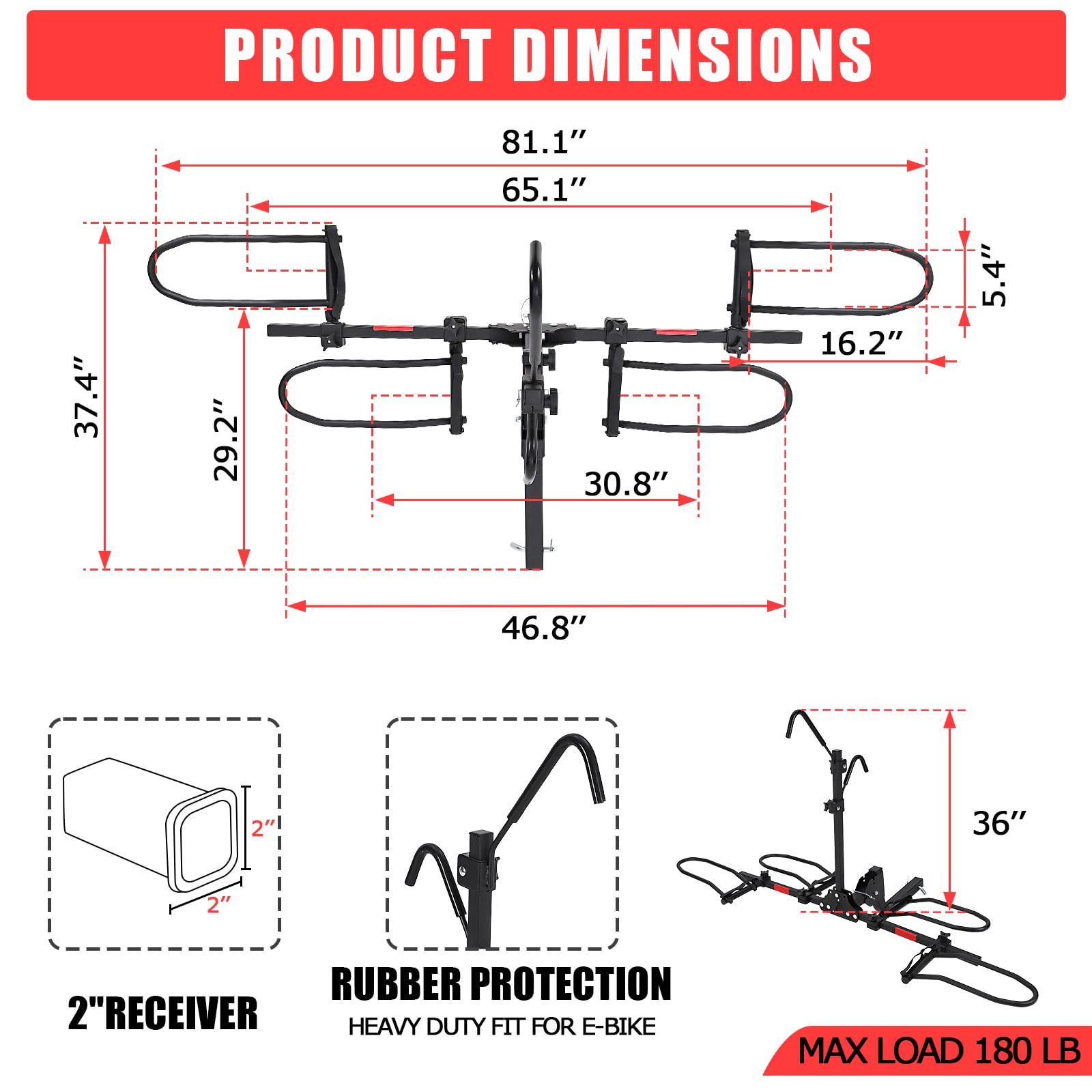 Garvee Portabicicletas Plegable de Enganche para 2 Bicicletas, Soporte para E-Bikes y Fat Bikes de hasta 180 kg, Ajuste de Neumáticos de 5.5'' con Sistema Antioscilación para Coche y SUV, Negro