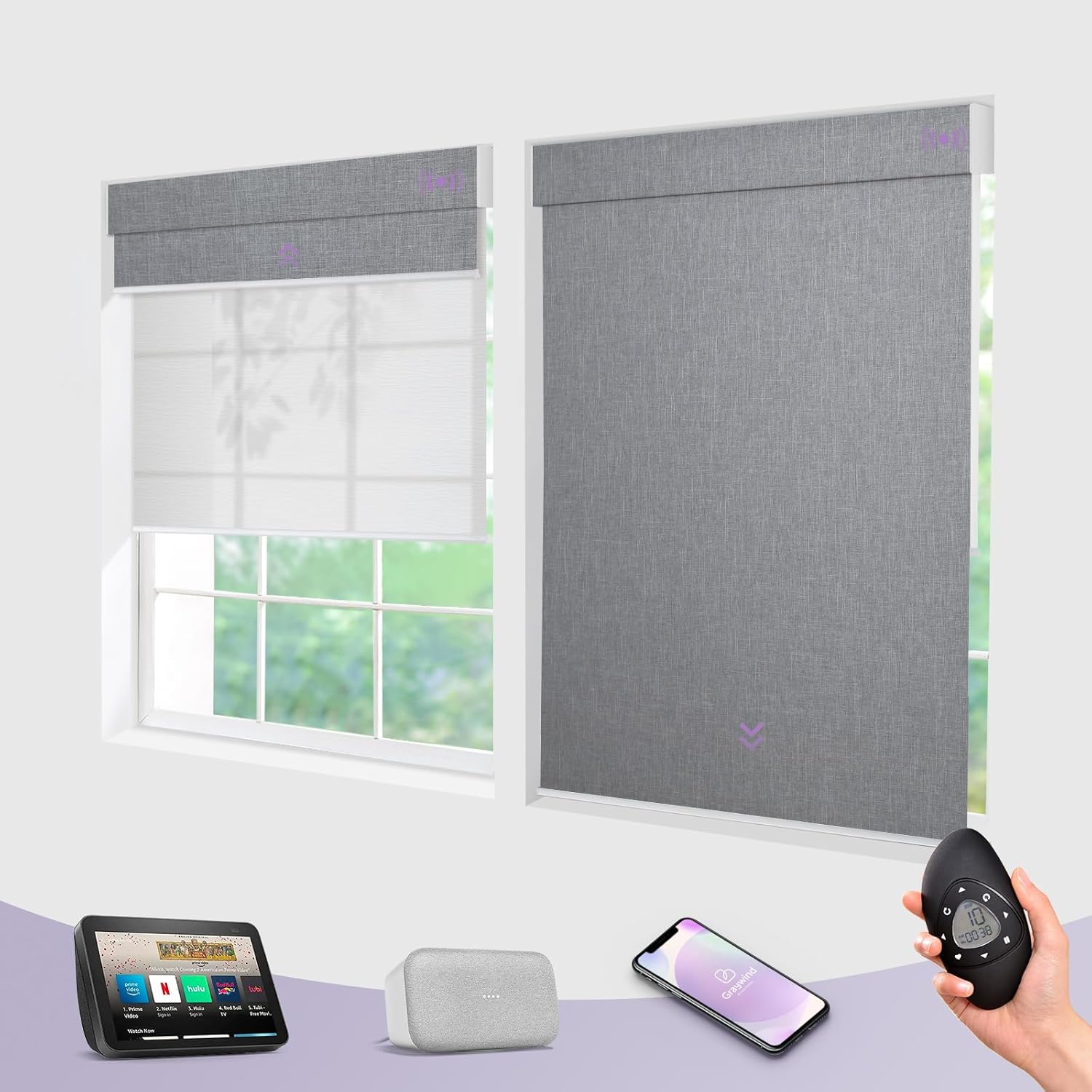 Graywind Motorized Dual Shades for Windows Smart Double Blinds Blackout and Light Filtering Motorized Blinds with Remote Alexa Google Control Day Night Shades, Custom Size (Blackout Light Grey)