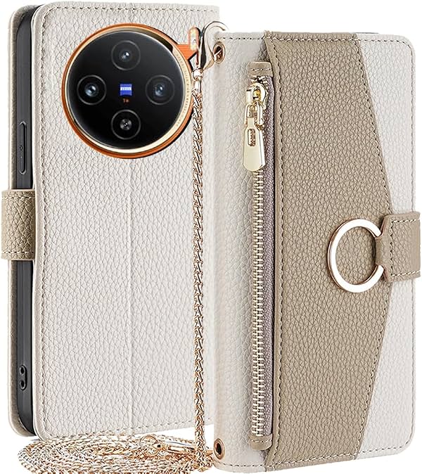 Funda Tipo Billetera con Correa Cruzada y Bolsillo con Cremallera para Vivo X100 Pro 5G, Blanco