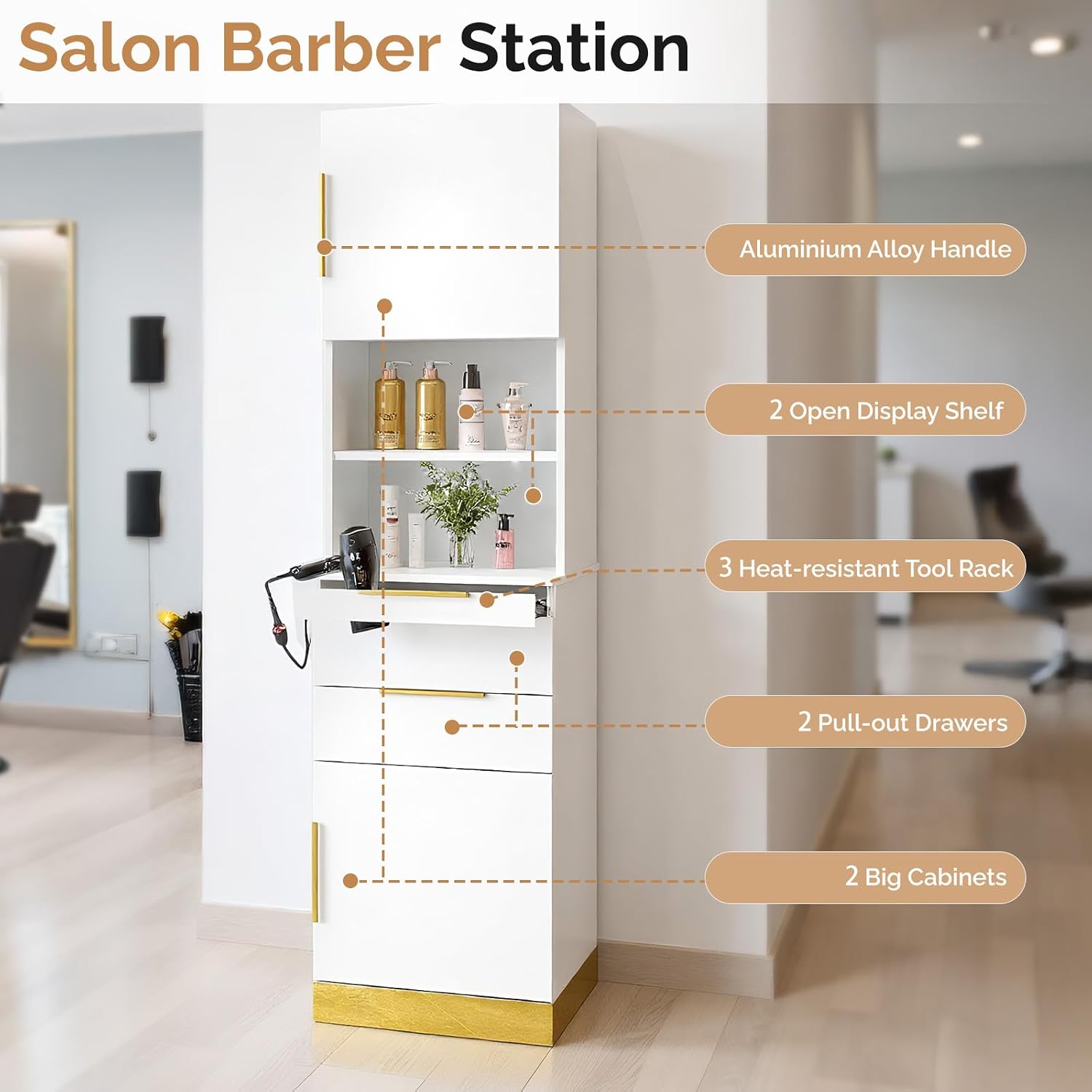 OmySalon Salon Station, Barber Station for Hair Stylist, Beauty Storage Cabinet with Stainless Steel Finish & Drawers & Dryer Holders, Modern Spa Equipment for Barbershop, White