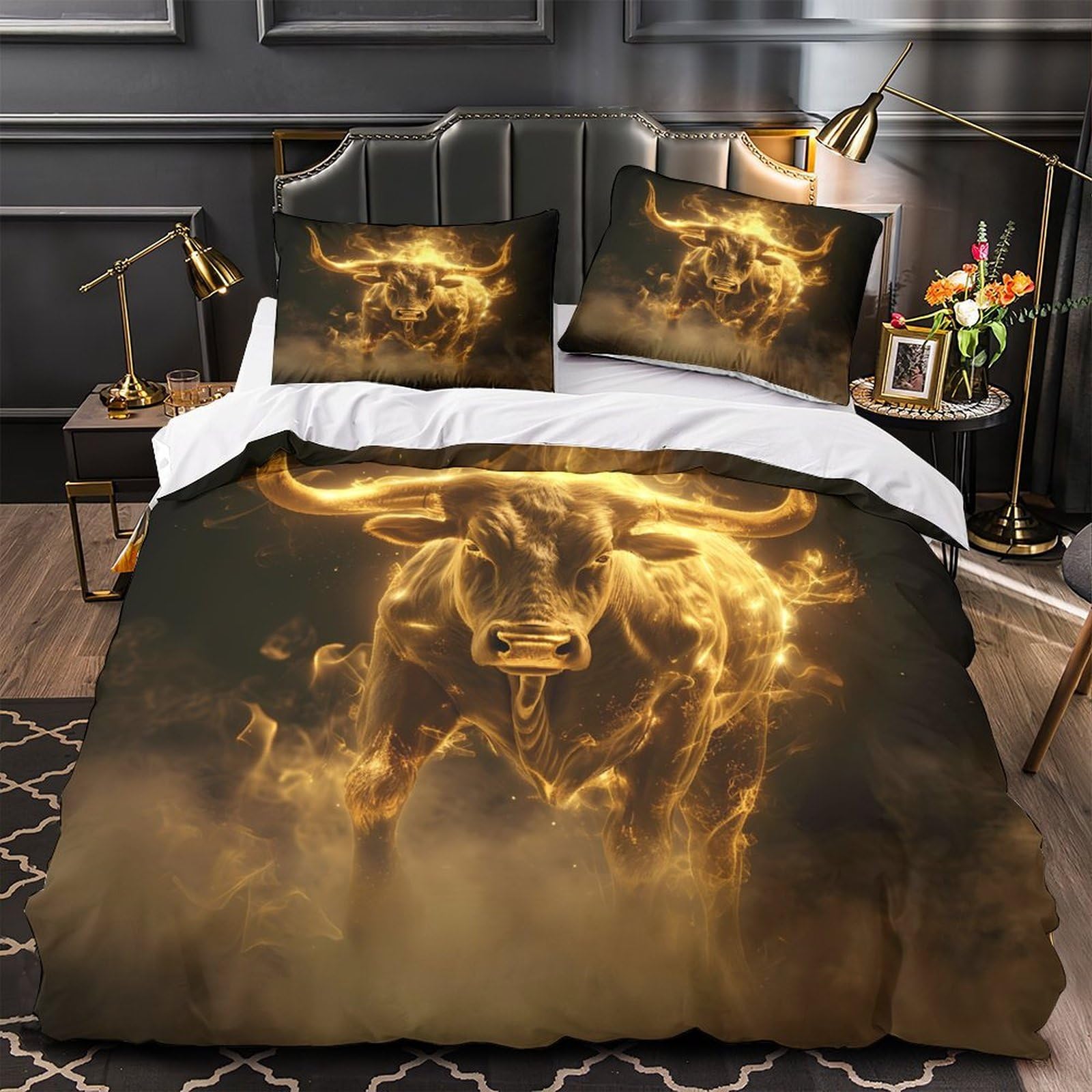 MMDASBVPE Bull Fire Spirit Duvet Cover 3D Design Printed Extra Soft 3 Pieces Bedding Set Zipper Quilt Cover Hotel Quality Washable for Adults Kids Women Teens Youth Boys Double（200x200cm）