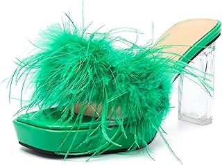 Women's Square Toe Platform Chunky Heel Slip on Sandals Feather Fuzzy Heels Mules Wedding Bridal Party Dress Shoes