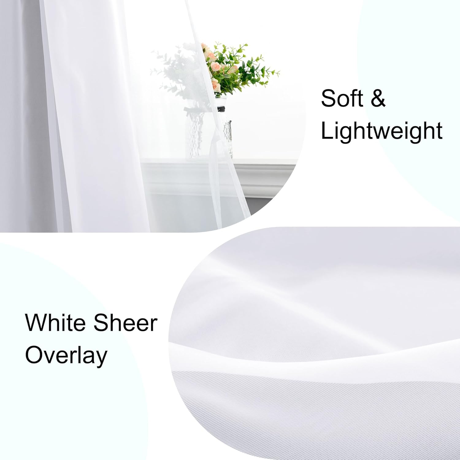 XWZO White Double Layer Curtains, 100% Blackout Curtains with Sheer Overlay for Nursery, Living Room, Children's Room, Grommet Thermal Insulated Privacy Curtains with Tiebacks, 2 Panels, 52x84