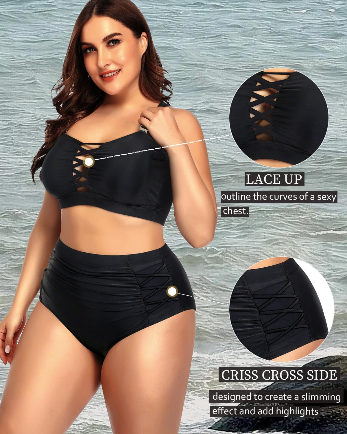 Daci Women Plus Size Two Piece Swimsuit - High Waisted Bikini Tummy Control Bathing Suit Bandeau Swimwear