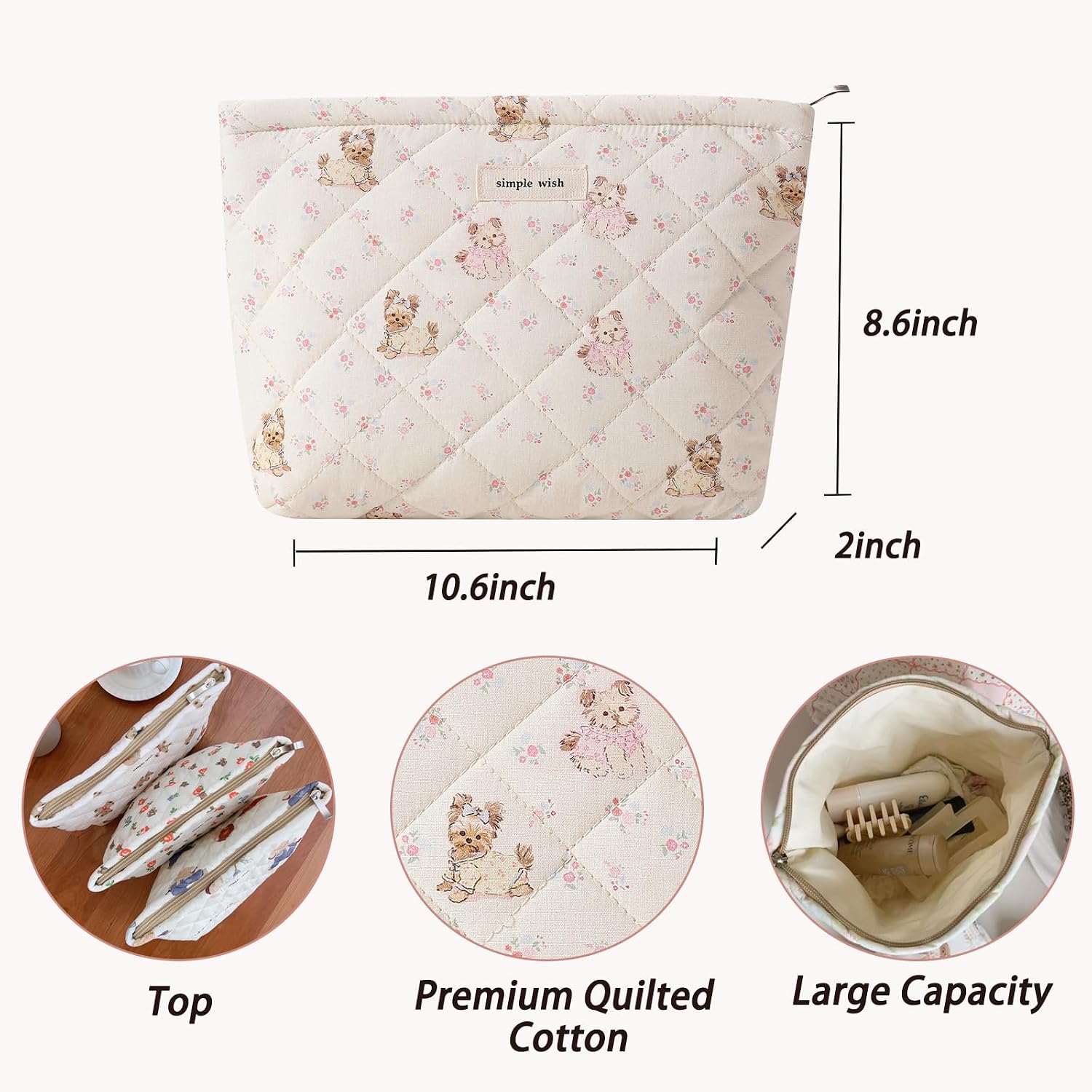 RSRSLEII Quilted Cotton Travel Makeup Bag, Cute Animal Cosmetic Bag, Cotton Aesthetic Makeup Bag, Large Capacity Travel Toiletry Bag for Women and Girls (08Flower&Dog) image 2