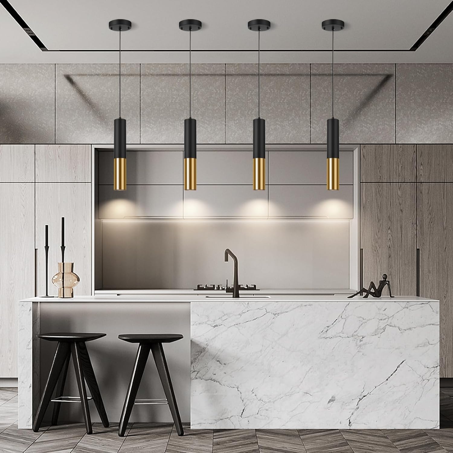 Modern Black Pendant Light Fixture for Kitchen Island, 1-Light Pendant Lighting, Lights Cord Adjustable, Matching GU10 lamp Holder,for Living Room Bedroom Dining Room (Black&Gold-3Pack)