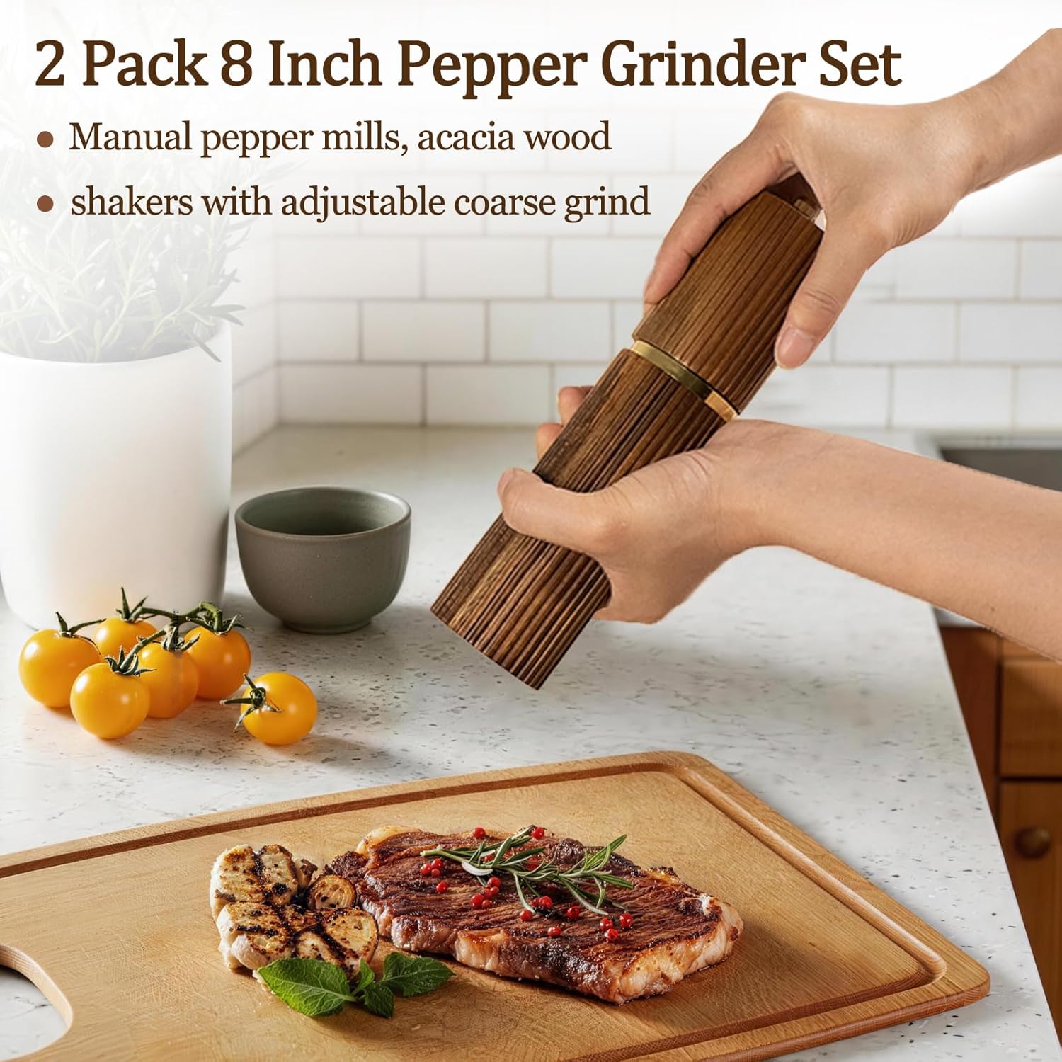 Saicefe 2 Pack Acacia Wooden Salt and Pepper Grinder Set – Refillable Manual Salt and Pepper Mills with Adjustable Ceramic Core, Gold Stainless Steel Decor Kitchen Home Gift for Birthday Christmas