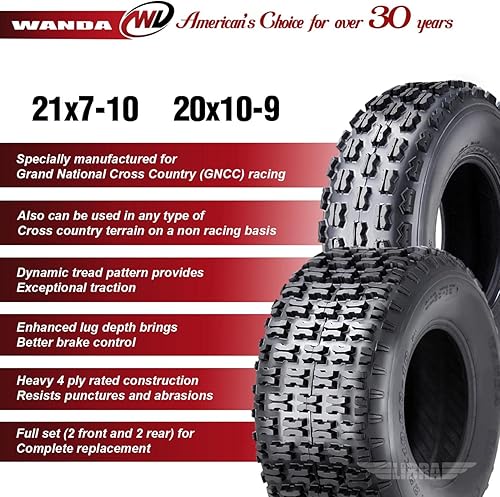 Miniatura 2 de WANDA Juego completo de neumáticos deportivos ATV 21x7-10 y 20x10-9 Yamaha Raptor 350 660 700