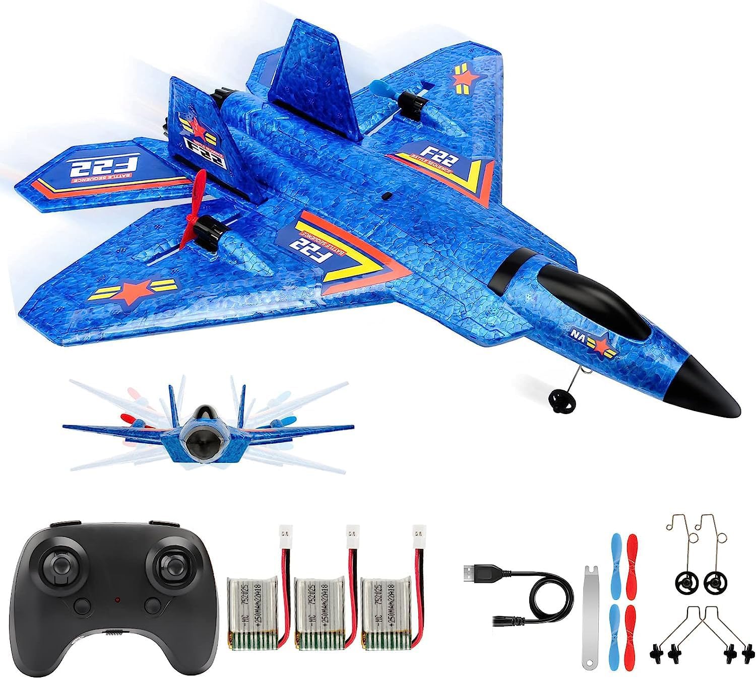 Fremego F-22 RC Flugzeug, 2.4Ghz Ferngesteuertes Flugzeug Raptor Fighter Flugzeug Modell Spielzeug mit 6 Axis Gyro System für Anfänger Kinder Erwachsene (F22Blau)