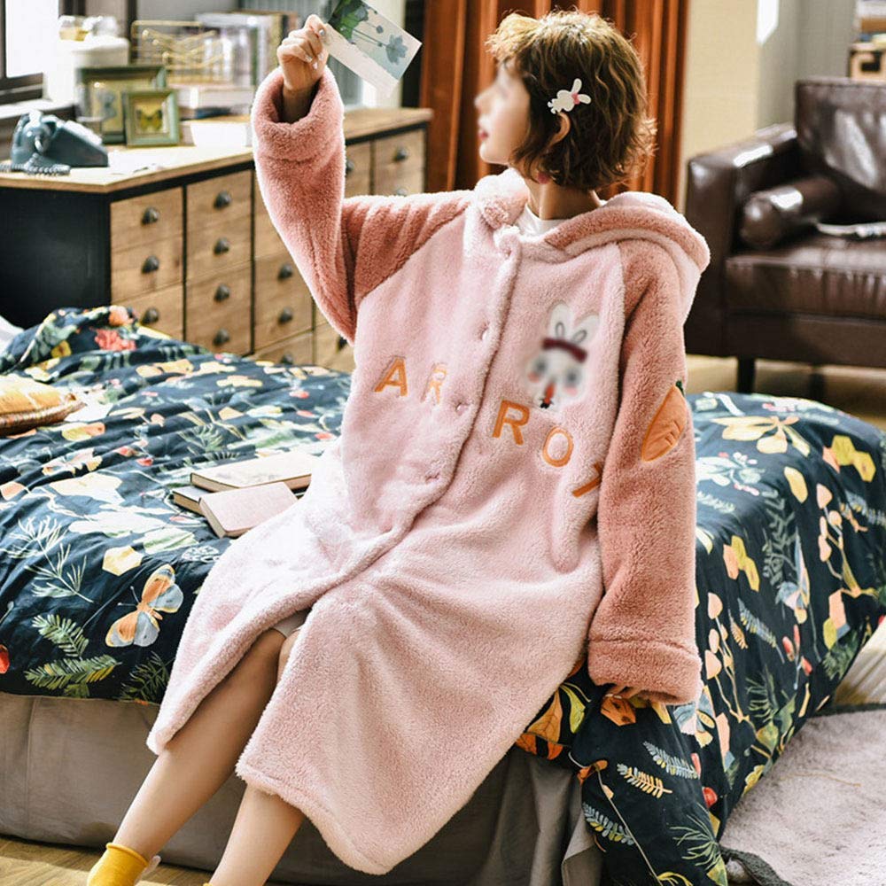 Accappatoio Invernale da Donna, Accappatoio in Flanella con Cappuccio Pigiama in Pile di Corallo Abito Femminile Caldo e Spesso Completo Lungo, Coniglietto-XL