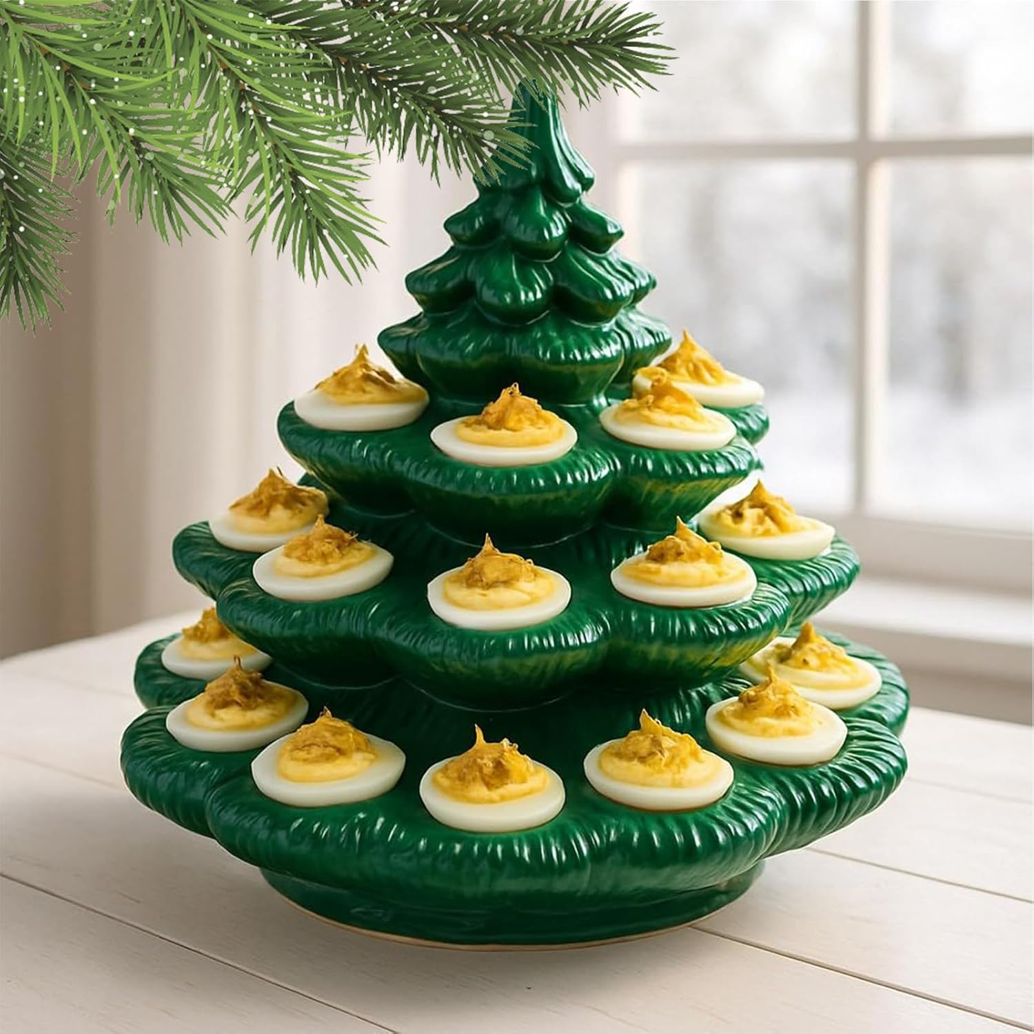 Stackable Deviled Egg - Tableware Dispenser | Plate With Lid Christmas Tree Shape Serving Tray For Kitchen, Brunch, Tea, Snacks, Appetizers, Parties, Easter Picnics Catering