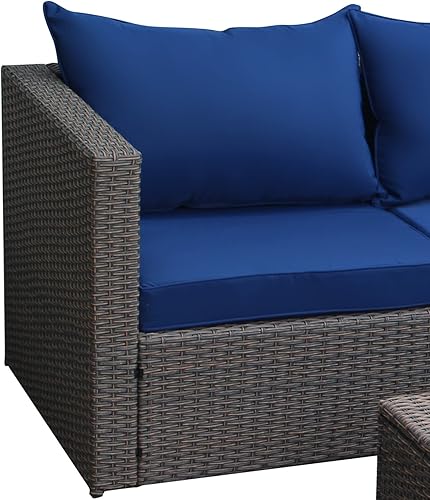 Miniatura 3 de Juego de muebles de patio para exteriores con mesa de centro cuadrada otomana, sofá modular de 4 piezas, mimbre de ratán marrón moderno con cojines