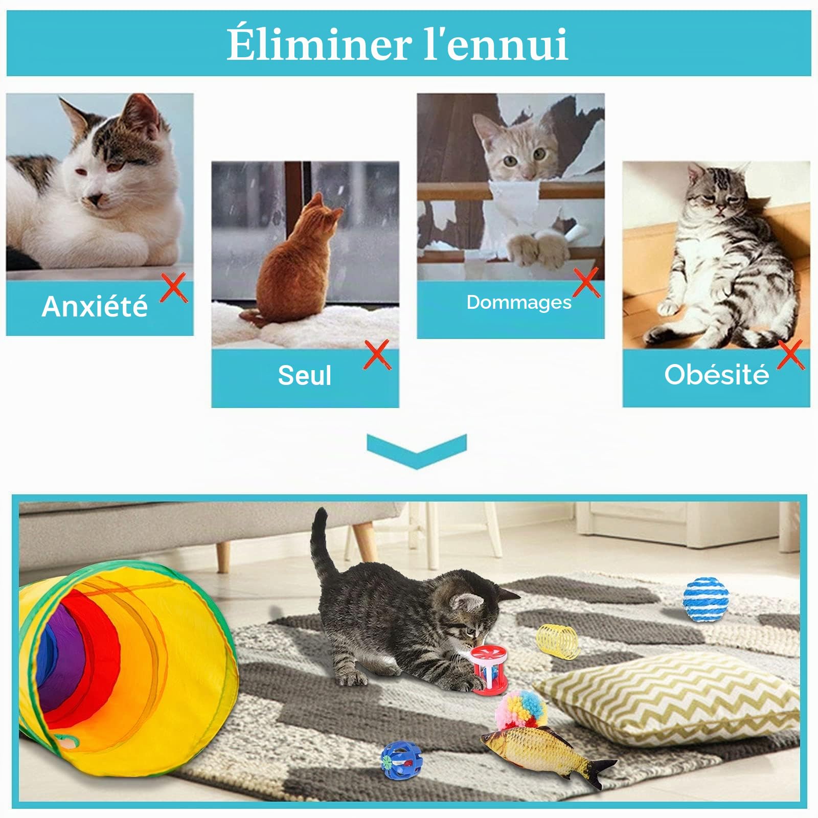 Jouets Chat,30 Pièces Kit Jouet Chats,Jouets pour Chats Interactif Jeux Chaton avec Tunnel,Poisson,Souris,Plume,Balle Jeux Chaton
