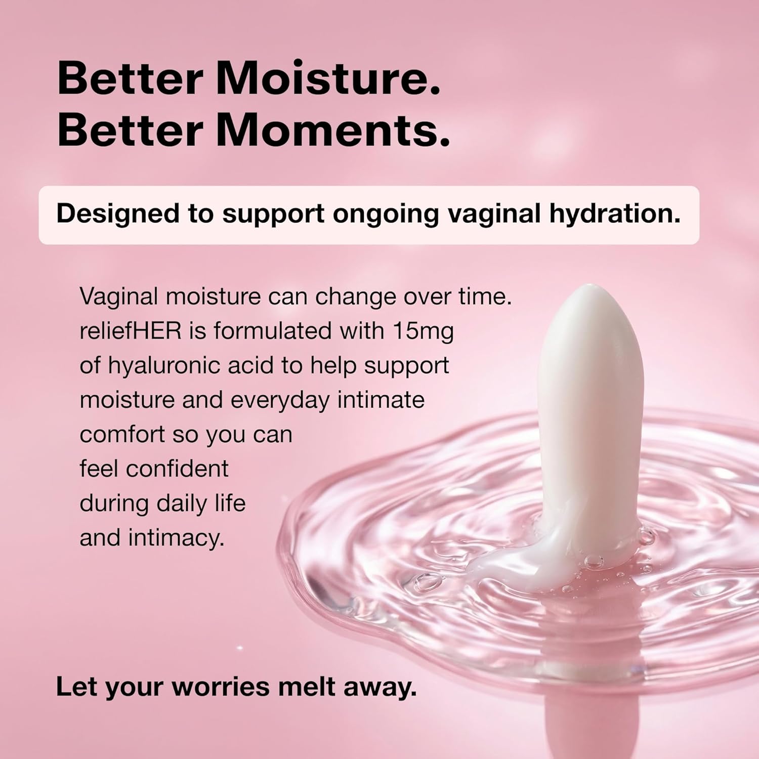Joylux reliefHER Hydration Melts, Moisturizing Vaginal Suppositories with 15mg Hyaluronic Acid (3X More HA), Non-Hormonal, Supports Intimate Hydration & Comfort, 10 Melts