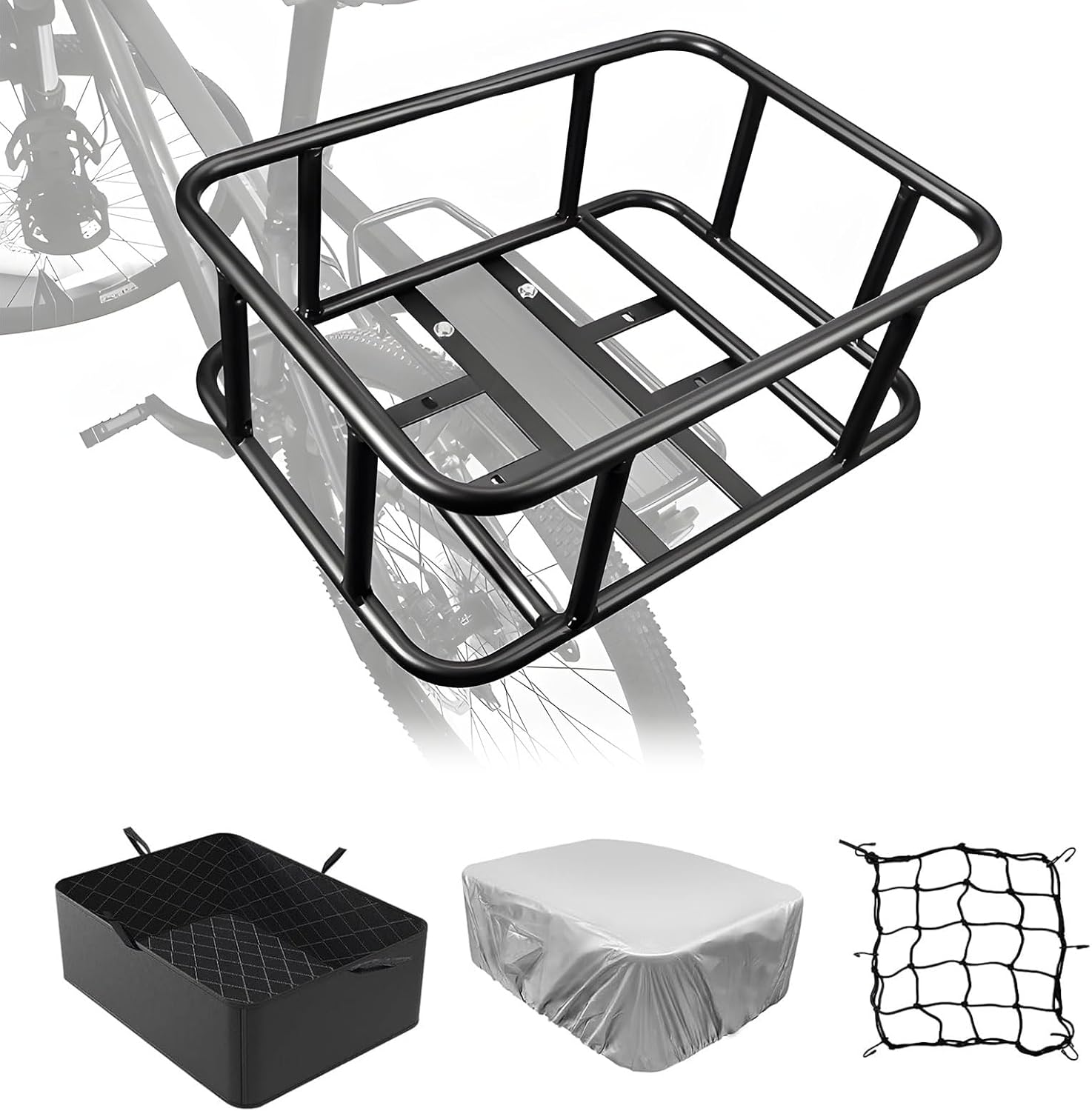 COSTYLE Bike Basket Rear, Bicycle Basket with Cargo Net, Removable Liner, Waterproof Cover, 17" x 13" x 6" Bike Rear Basket Heavy Duty for Icnic, Pet, Grocery, Suitable for Most Bikes and E-Bike
