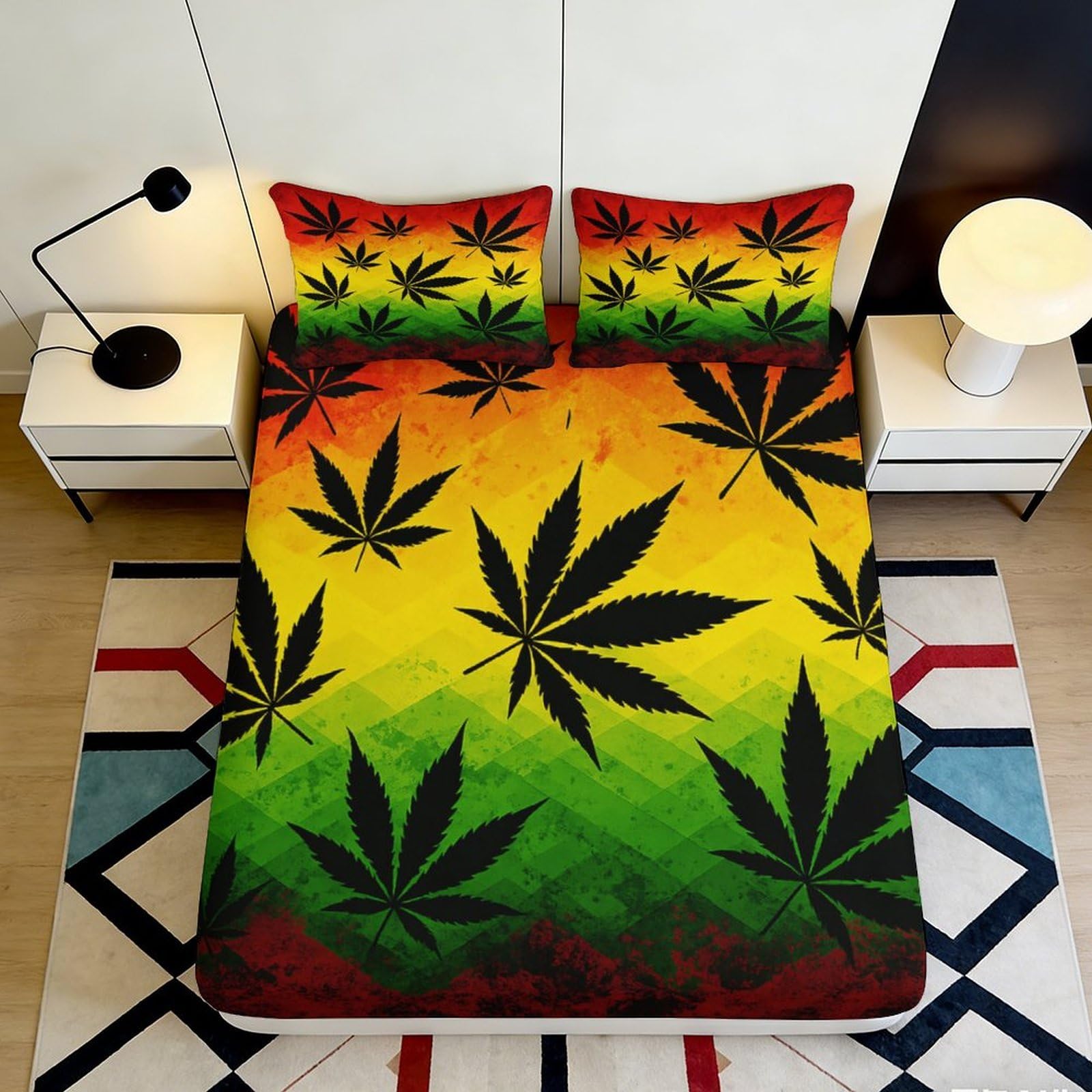 3D Printed Reggae Leaf Fitted Sheet Microfiber Anti-Slip Washable Rasta Gradient Bed Cover for Bedroom Dorm Decor 160x200x25cm