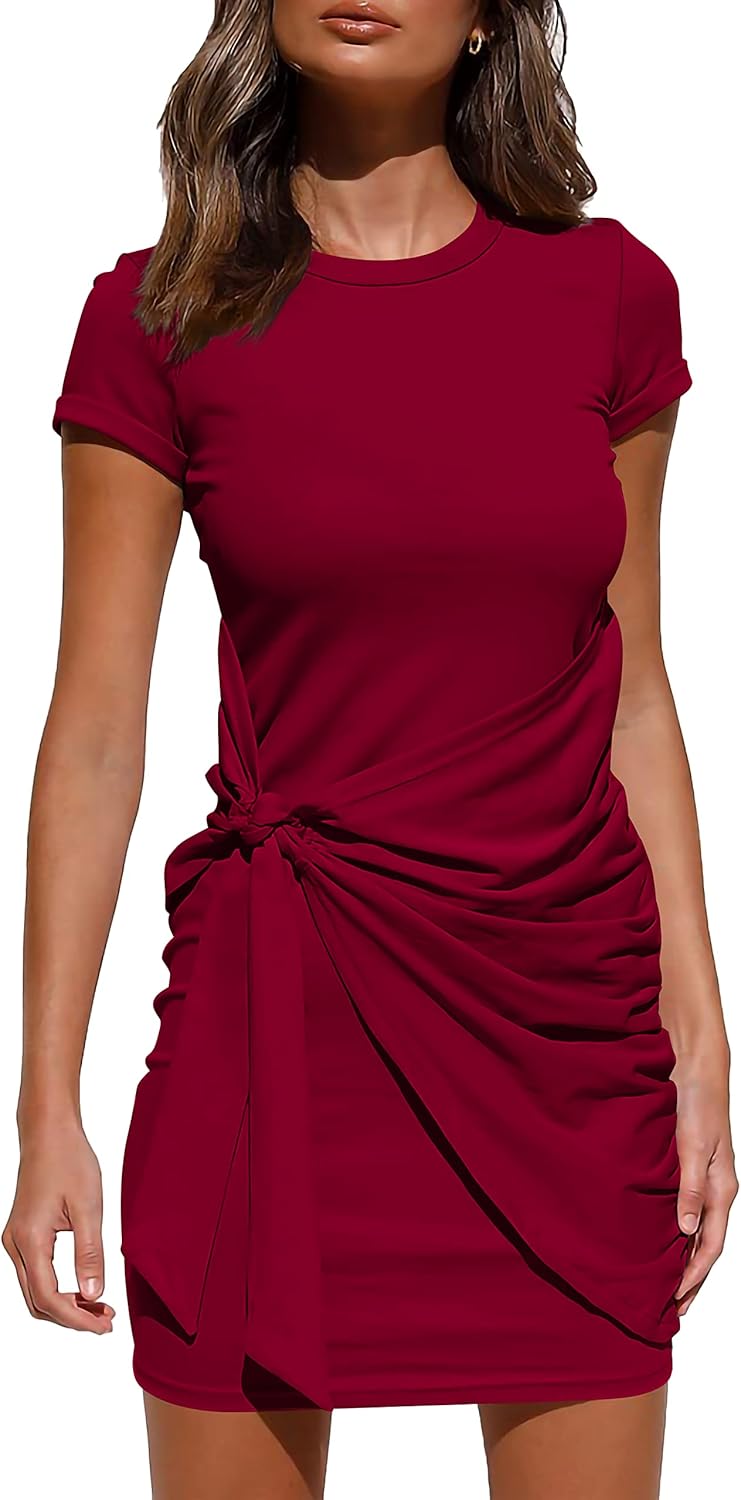 BTFBM Women 2026 Spring Casual Short Sleeve Ruched Bodycon Tank T Shirt Dress Tie Waist Sun Beach Summer Mini Dresses